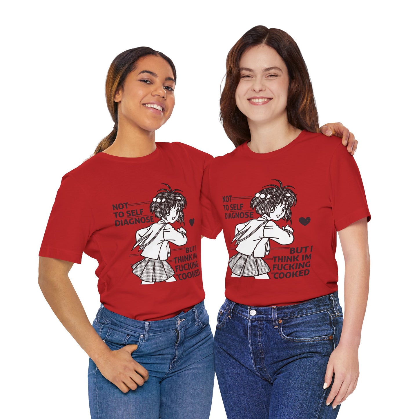 Two people wearing red t-shirts with a graphic design and text.