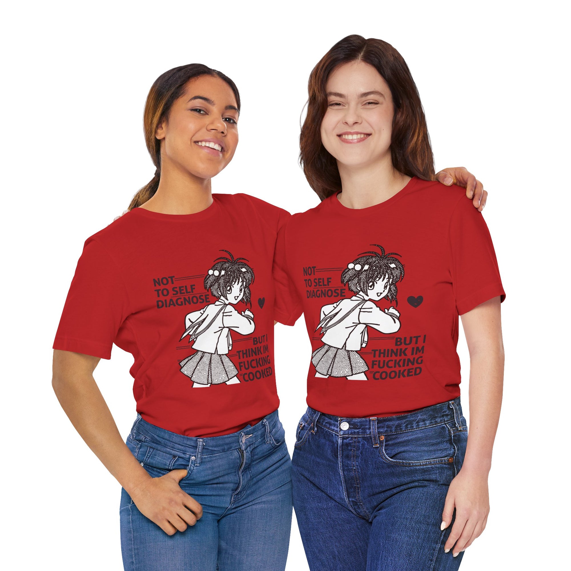Two people wearing red t-shirts with a graphic design and text.
