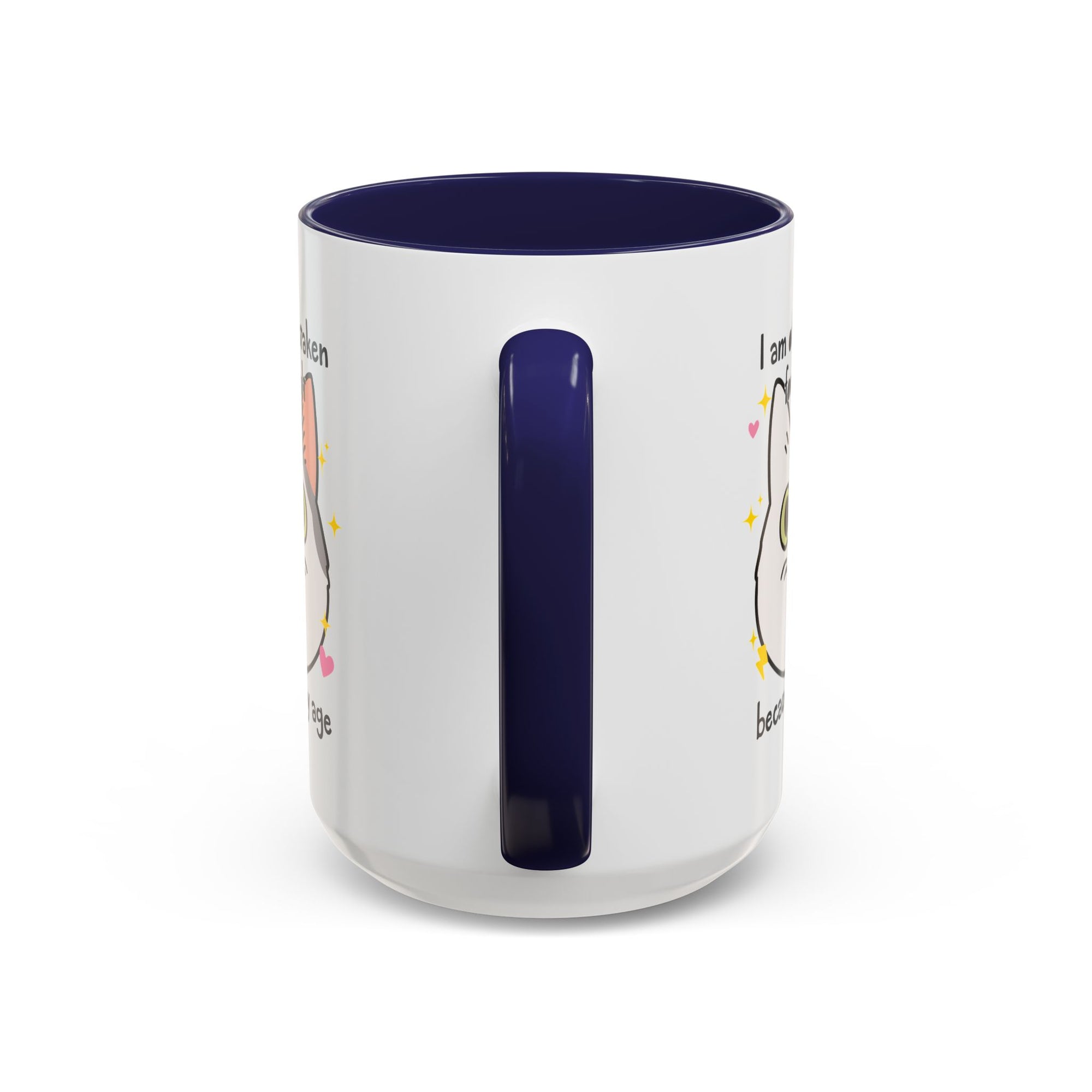 White ceramic mug with purple handle and interior featuring a cute wide-eyed cat face, hearts, sparkles, and the phrase “I am often mistaken for an adult because of my age.”
