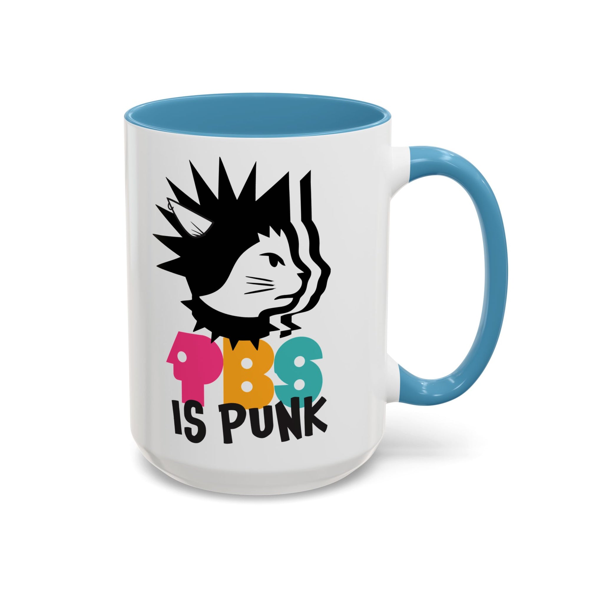 Mug with a design of a cat and text 'PBS is Punk' on a white background