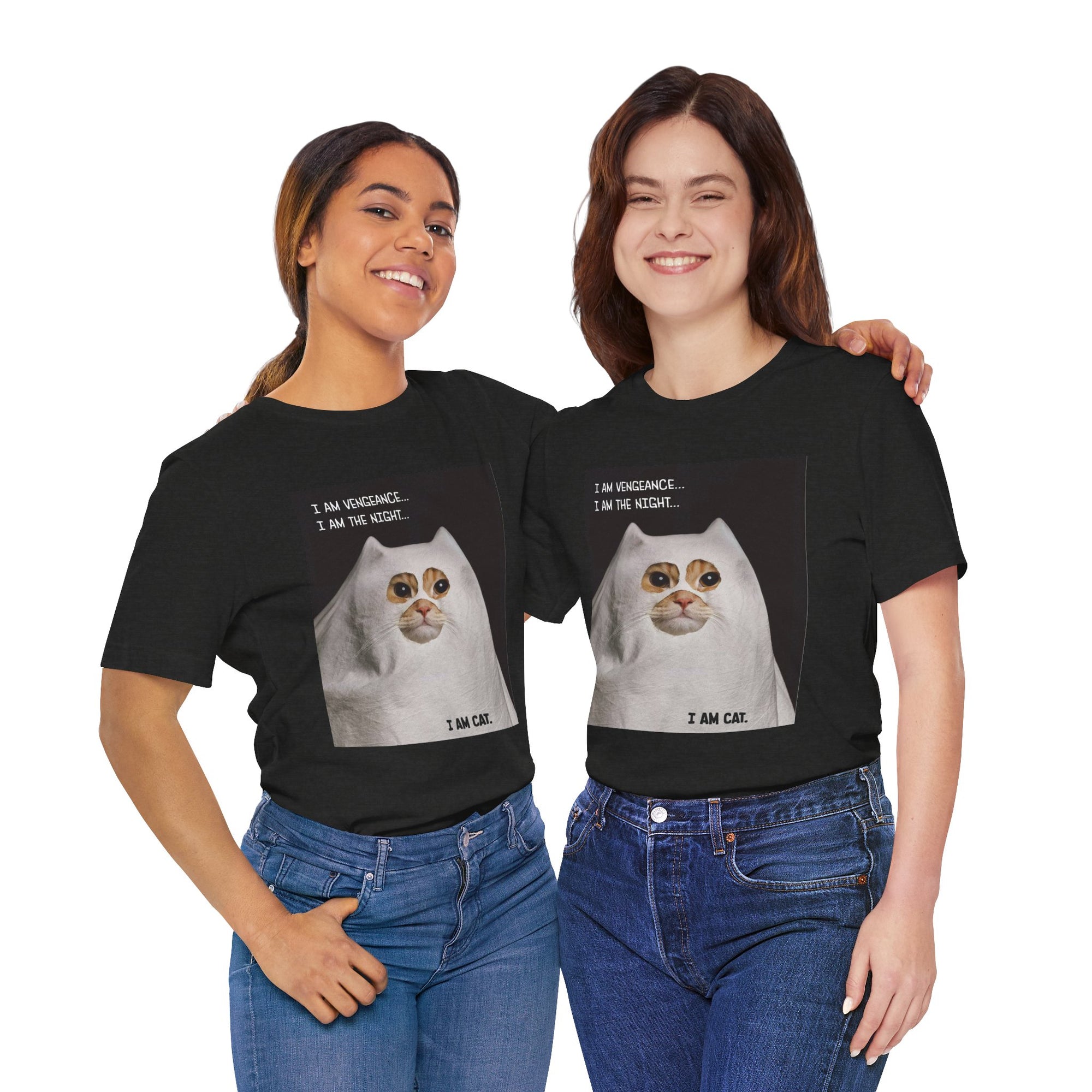 Two people wearing black t-shirts with a cat graphic and text.
