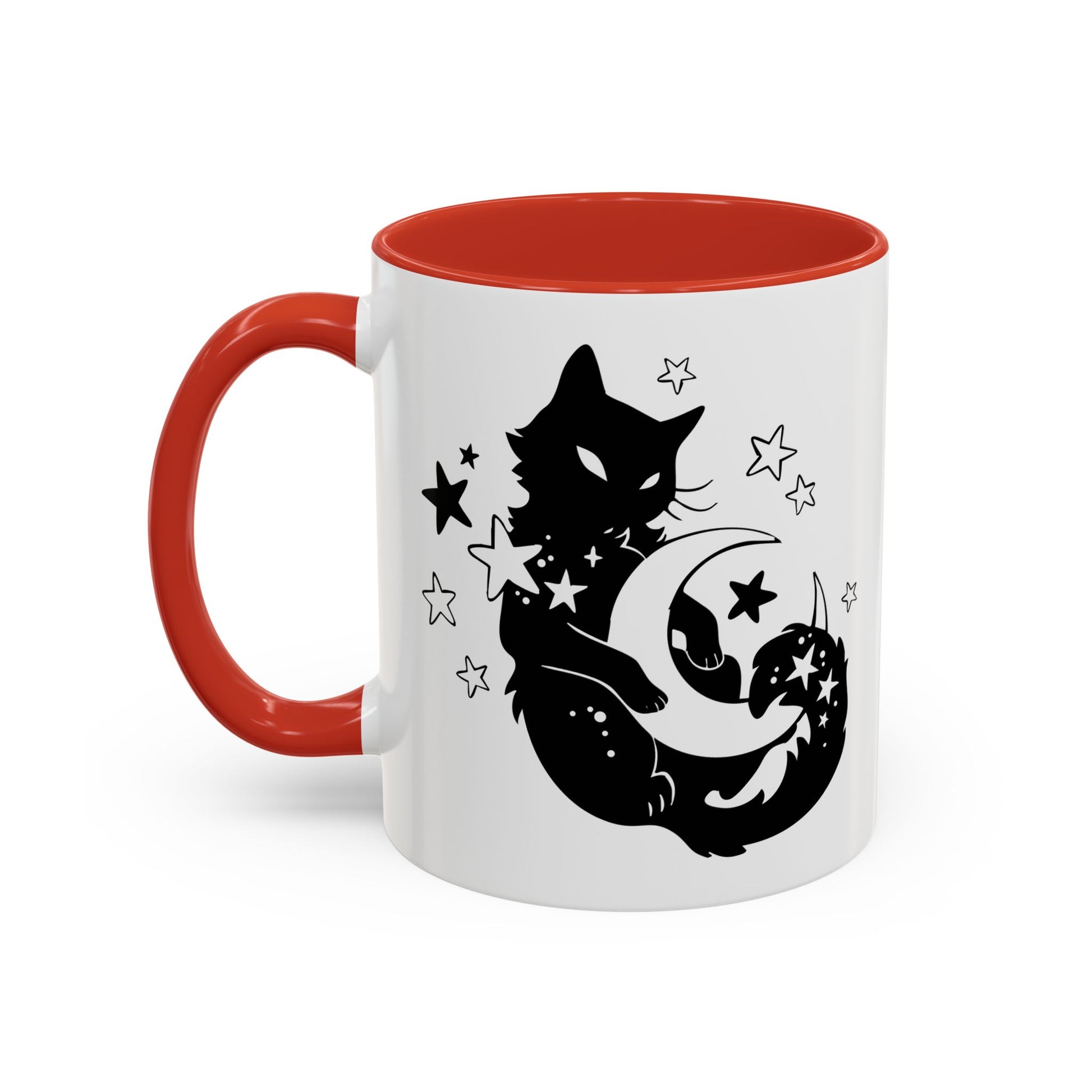 White mug with red interior and handle, featuring a black cat and moon design.