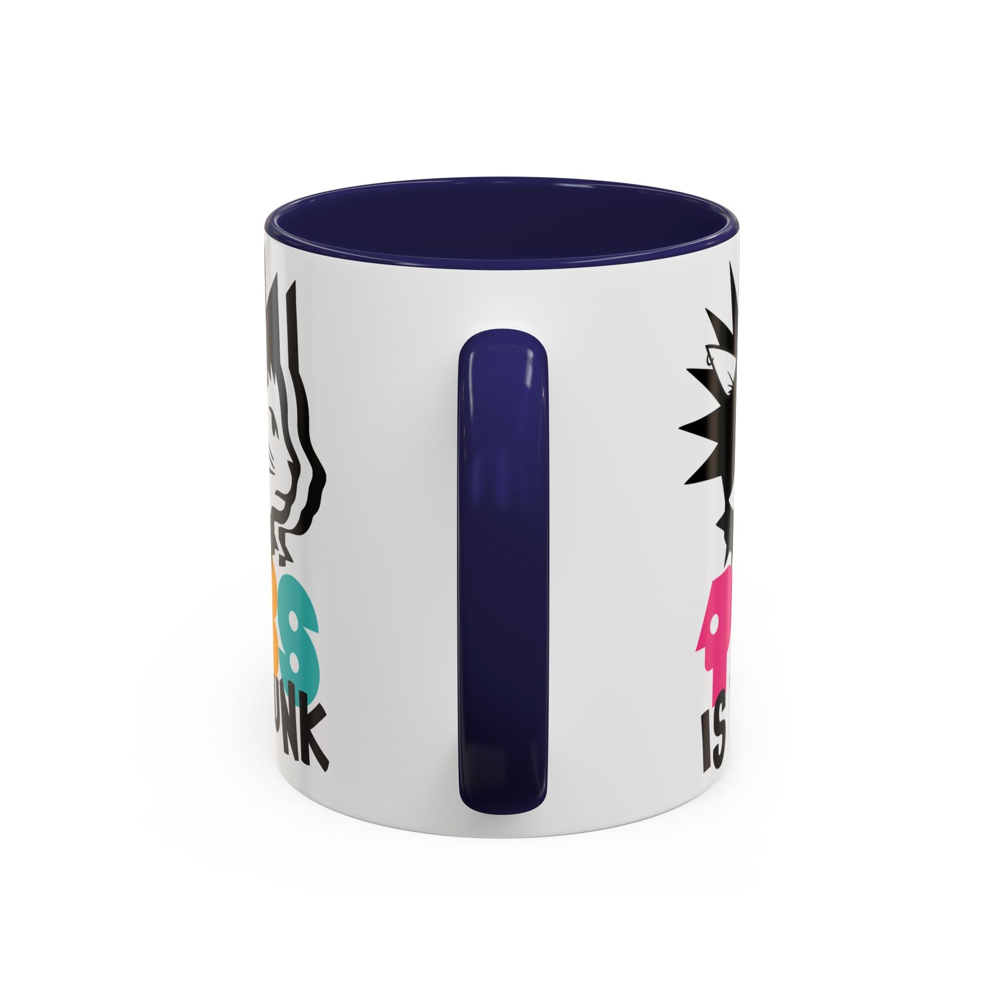 White mug with colorful text and a blue handle on a white background