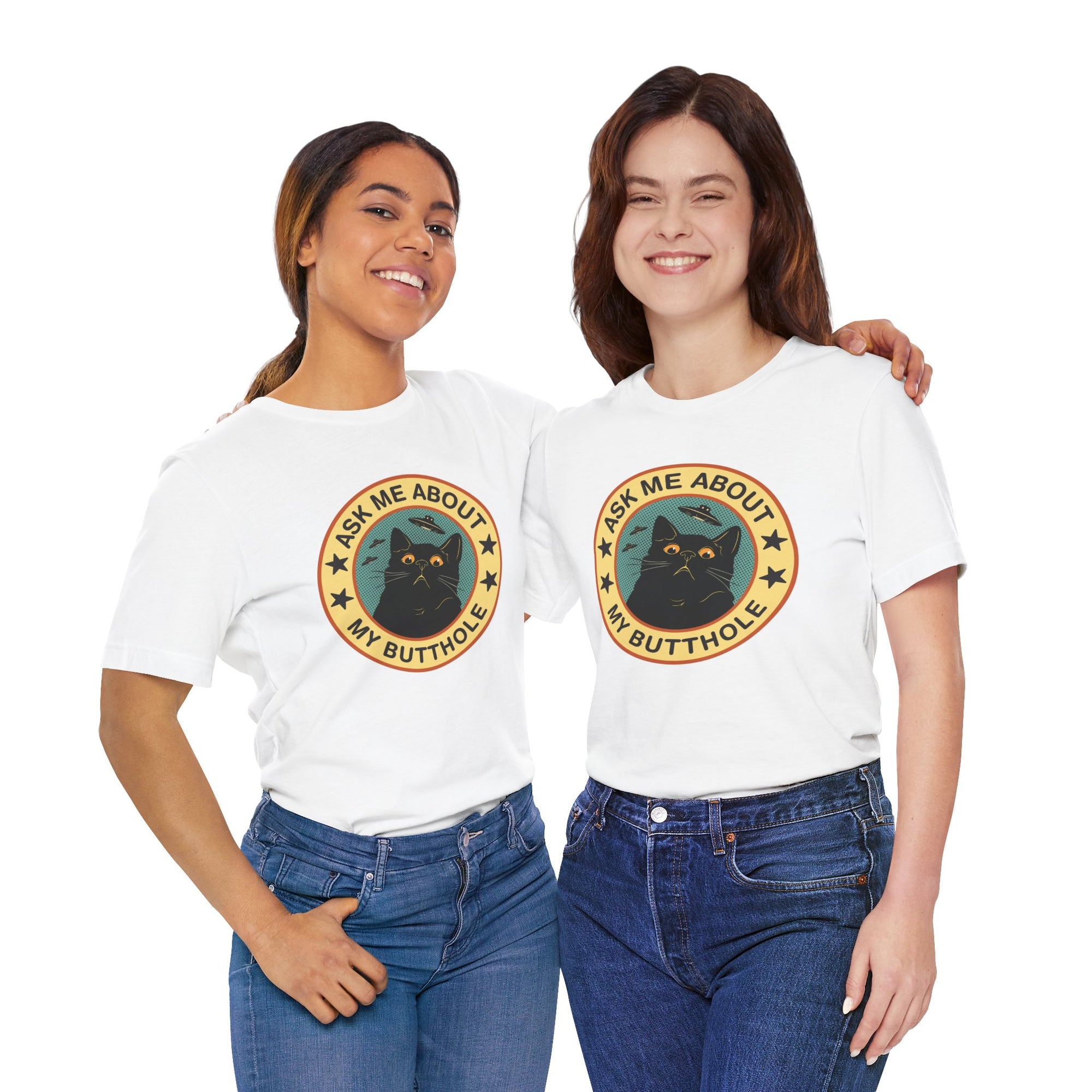 Two people wearing white t-shirts with a graphic design of a cat and text on a white background.