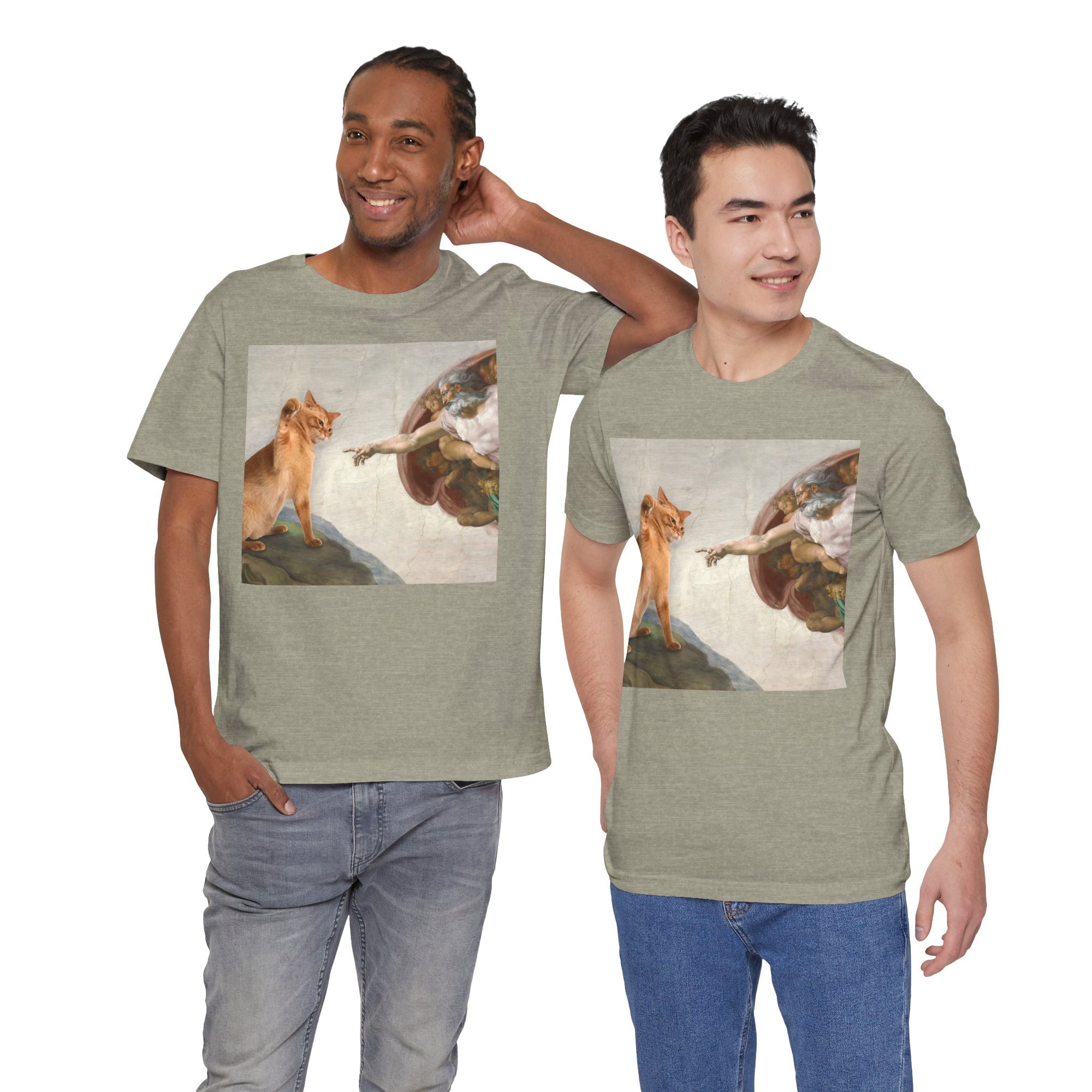 Two men wearing matching green t-shirts with a graphic design on a white background
