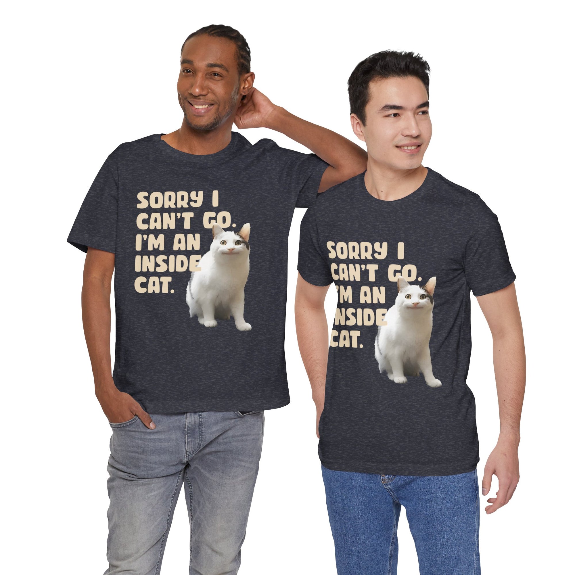 Two people wearing t-shirts with a cat graphic and text on a white background