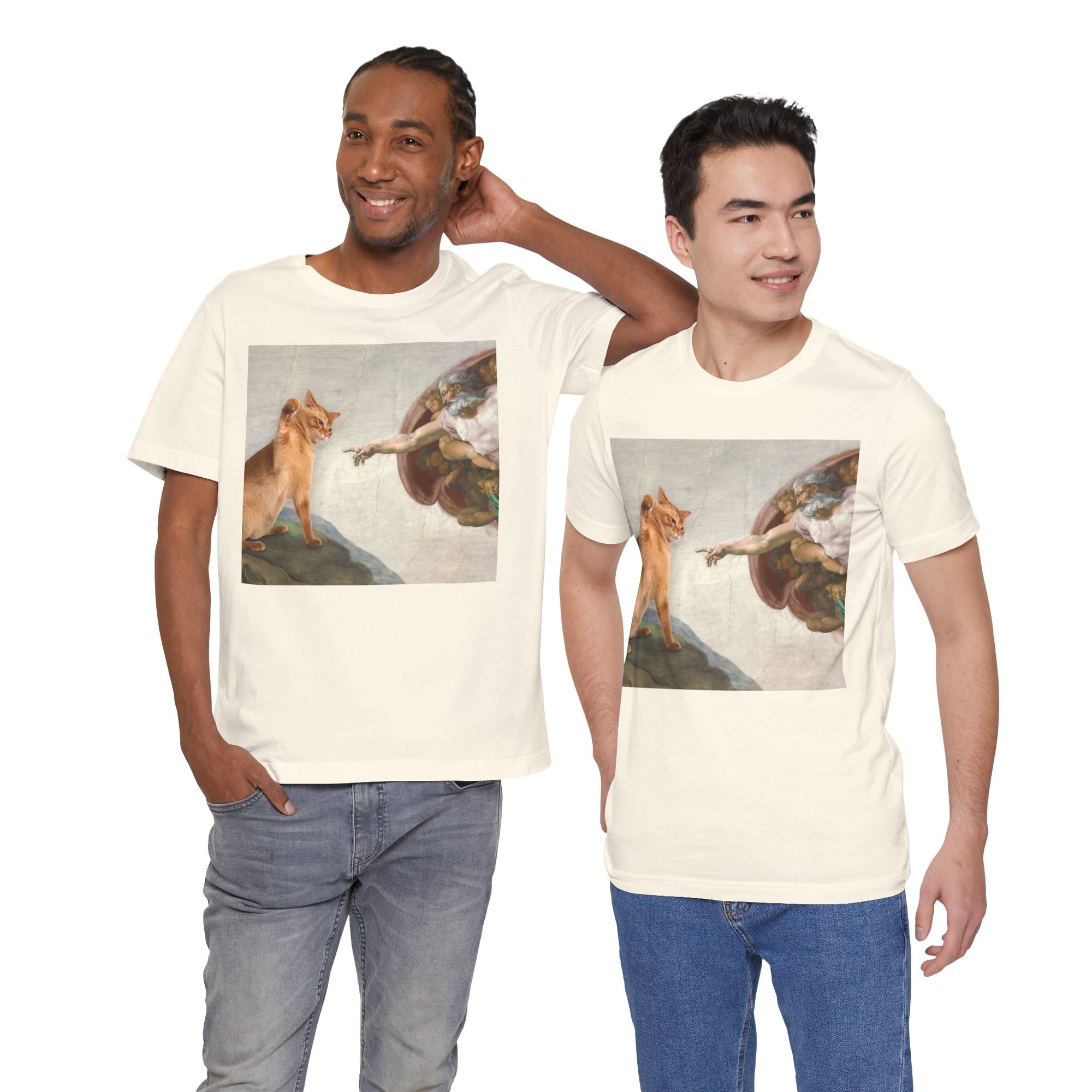 Two men wearing t-shirts with classical art prints on a white background