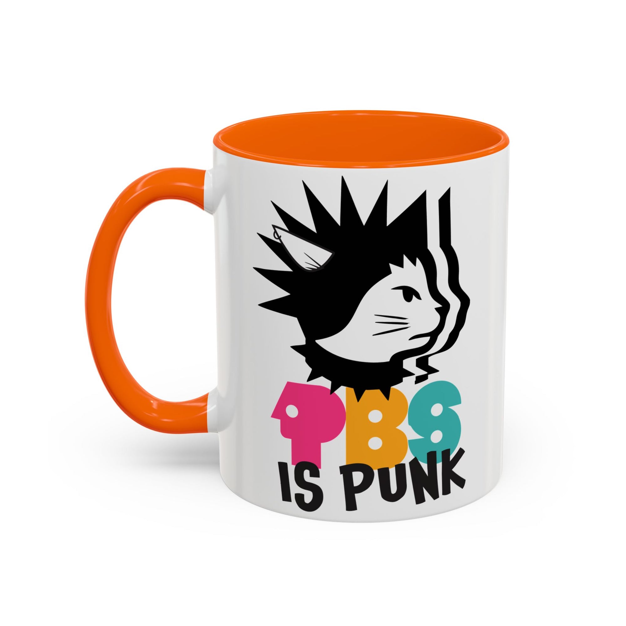 Mug with colorful design and text on a white background