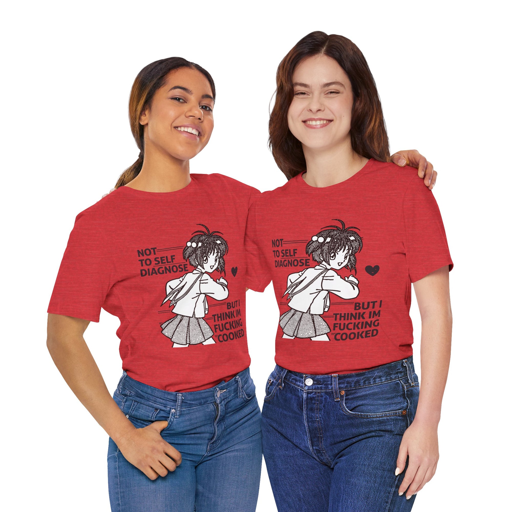 Two people wearing red t-shirts with a graphic and text on a white background