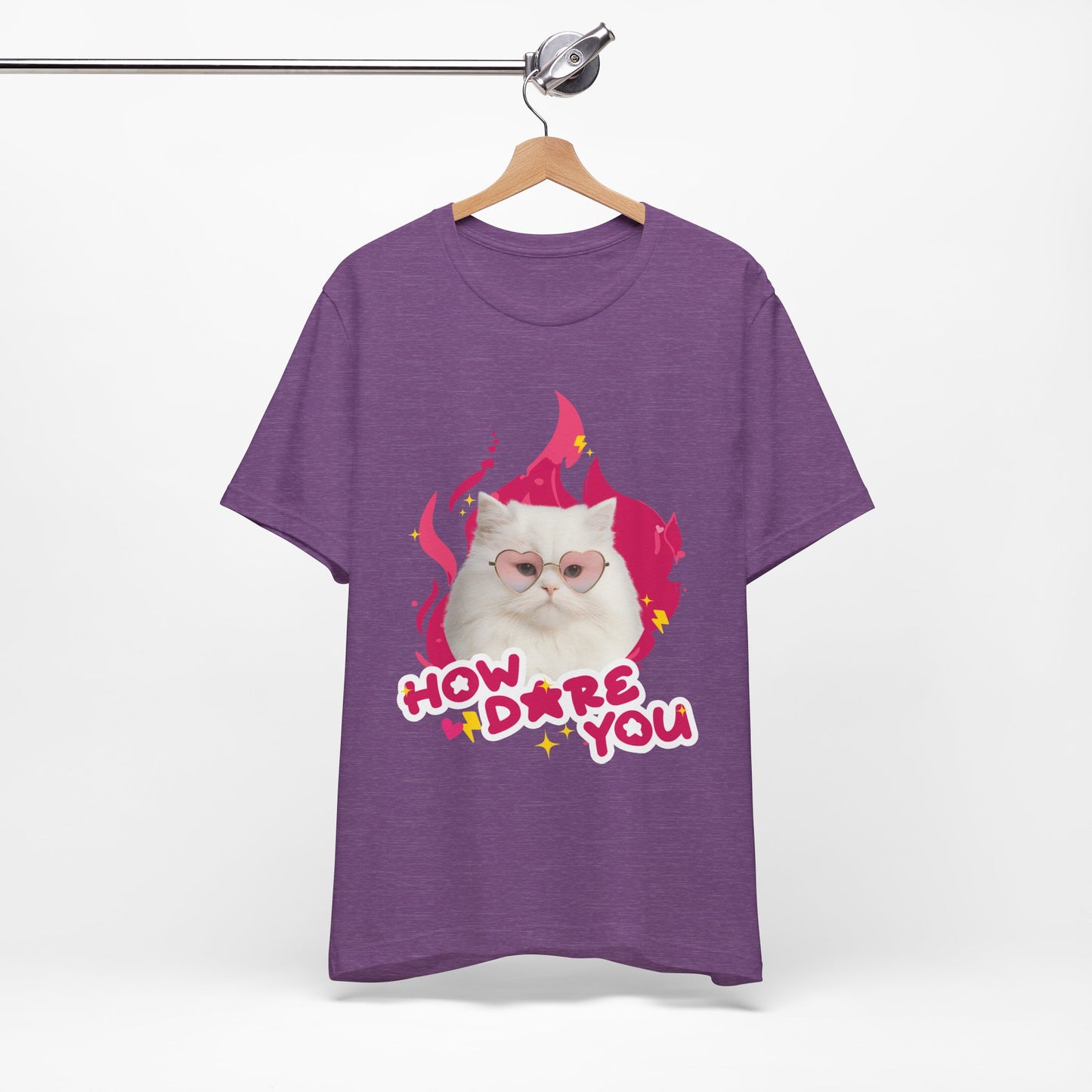 Purple t-shirt with a cat graphic and text on a white background