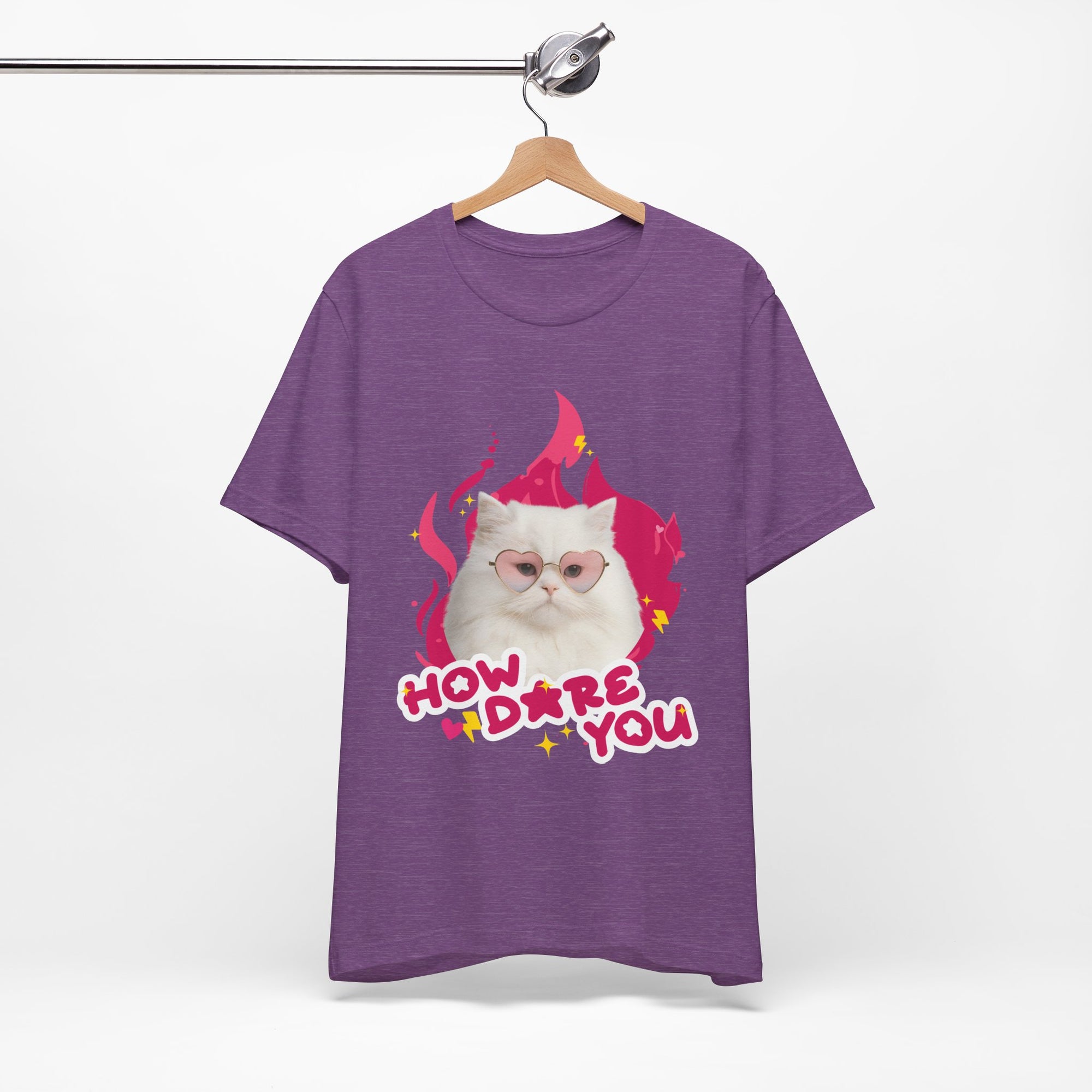 Purple t-shirt with a cat graphic and text on a white background