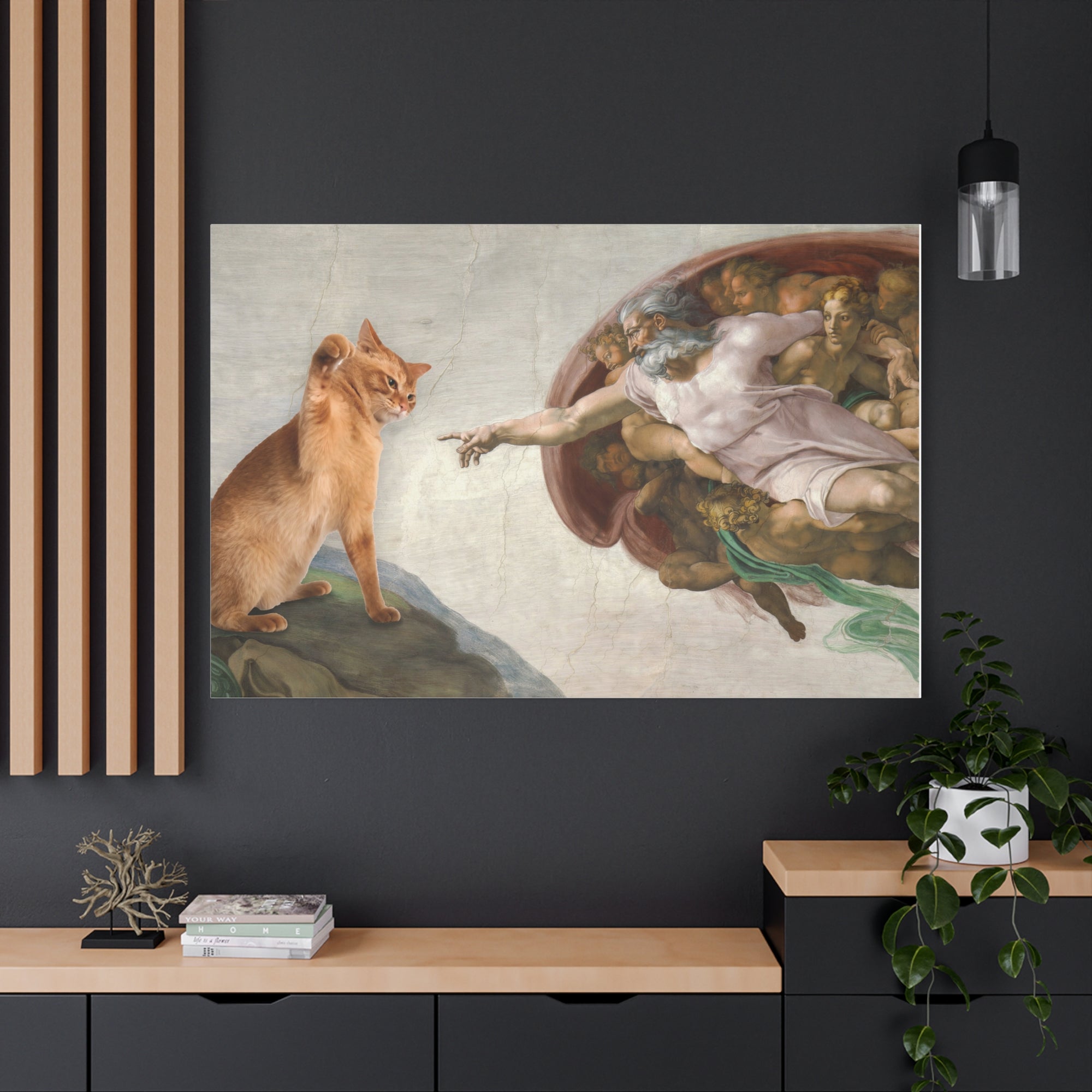 Surreal artwork of a cat interacting with classical painting elements on a dark wall.