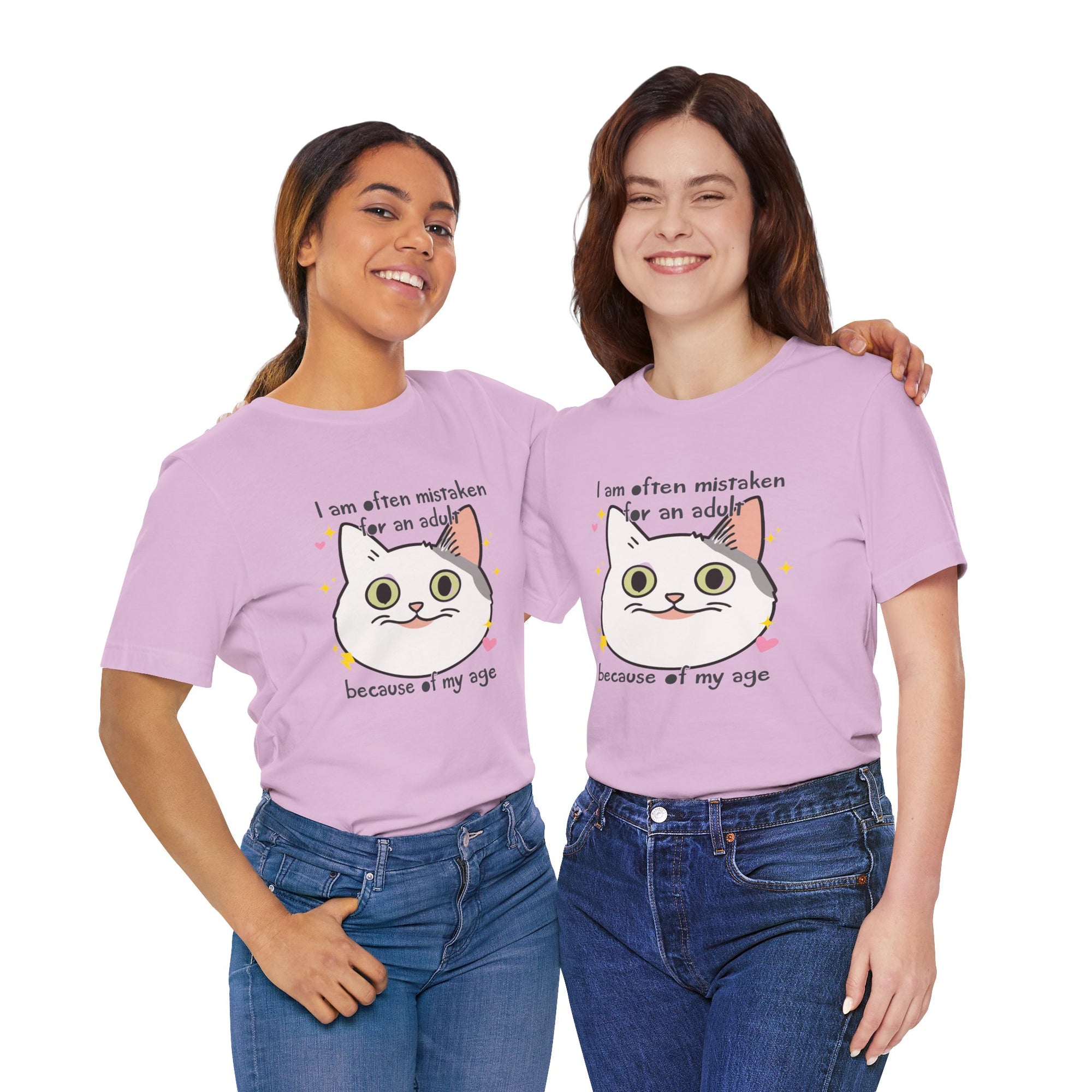 Two people wearing matching purple t-shirts with a cartoon cat and text.