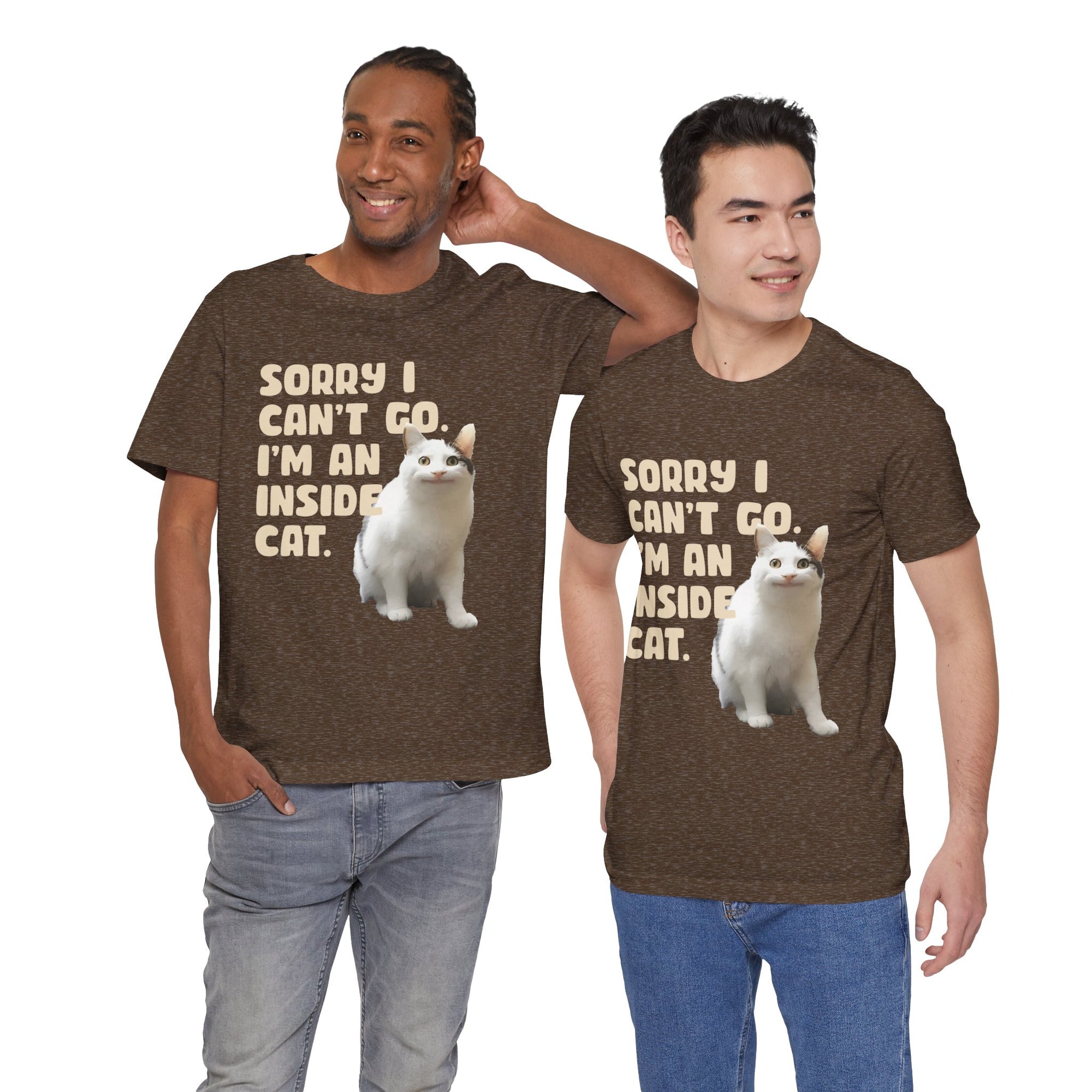 Two men wearing brown t-shirts with a cat graphic and text on a white background