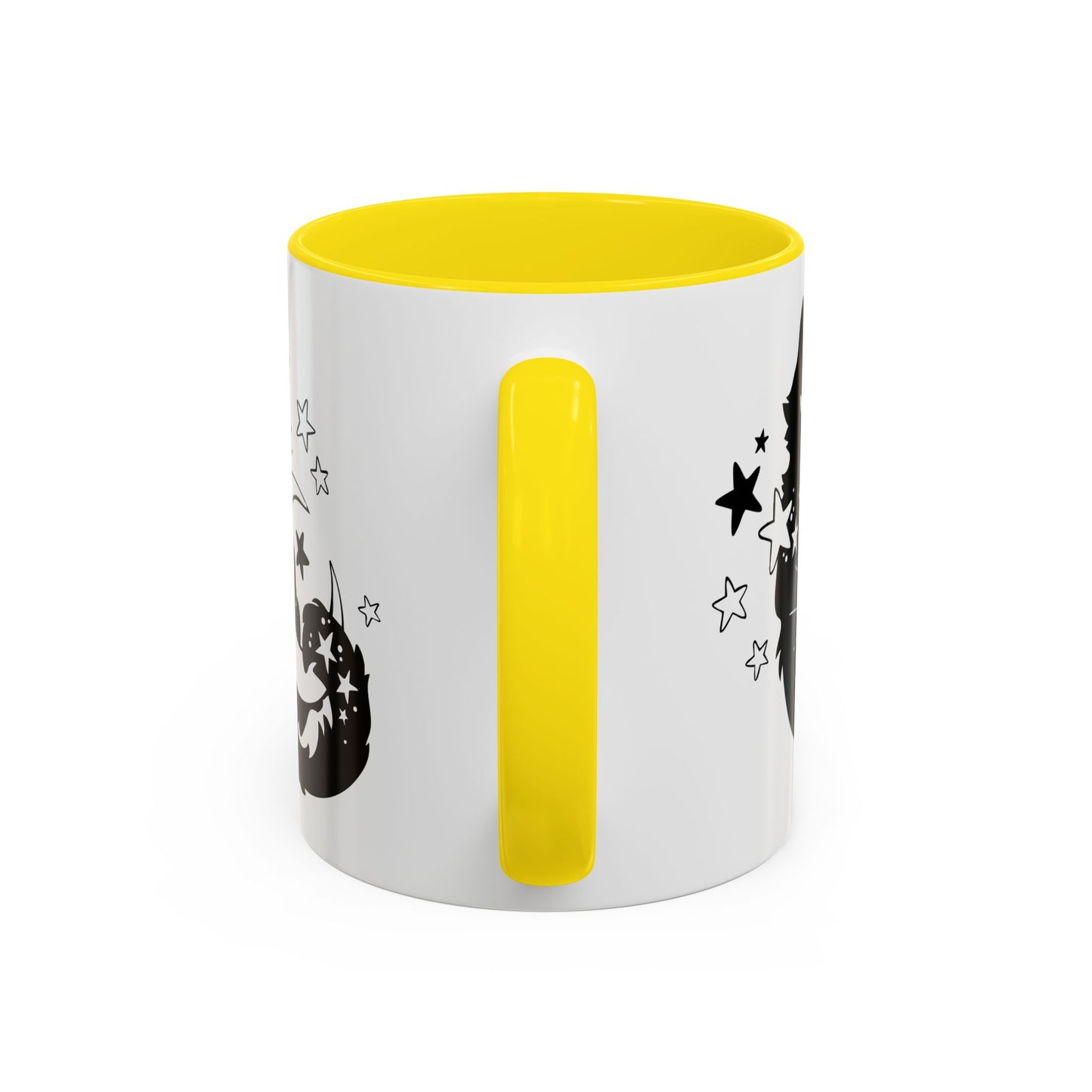 White mug with yellow interior and handle, featuring black star designs on a white background
