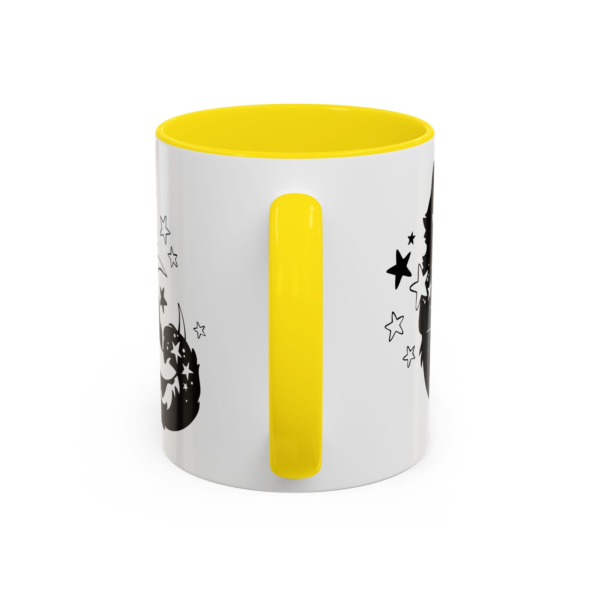 White mug with yellow interior and handle, featuring black star designs on a white background