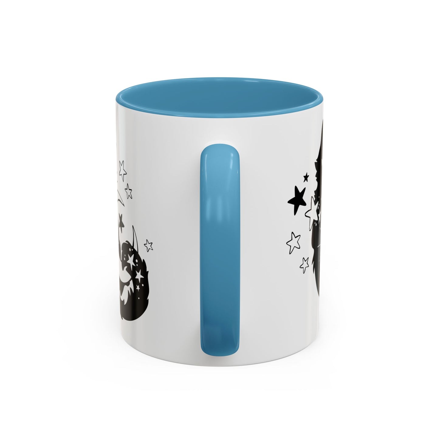 White mug with blue interior and handle, featuring star designs on a white background