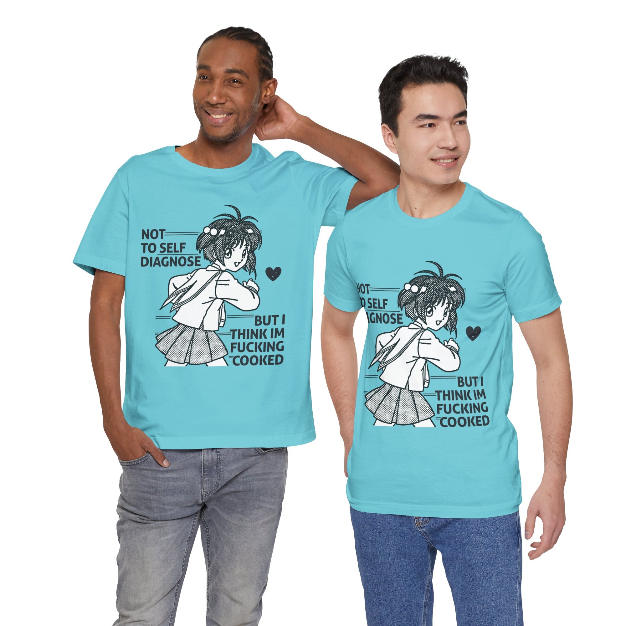 Two men wearing matching blue t-shirts with a graphic design and text.