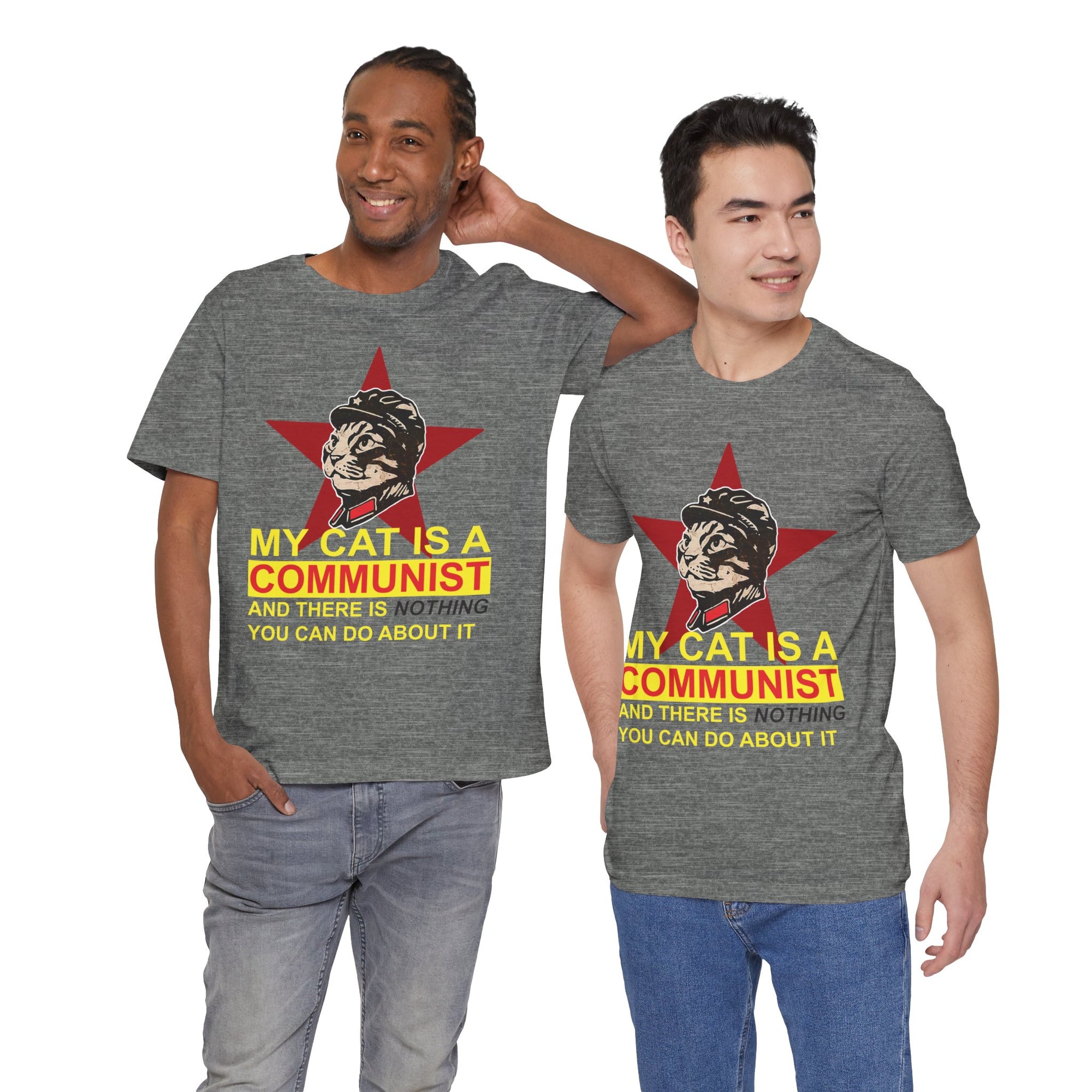 Two people wearing gray t-shirts with a graphic of a cat and text.