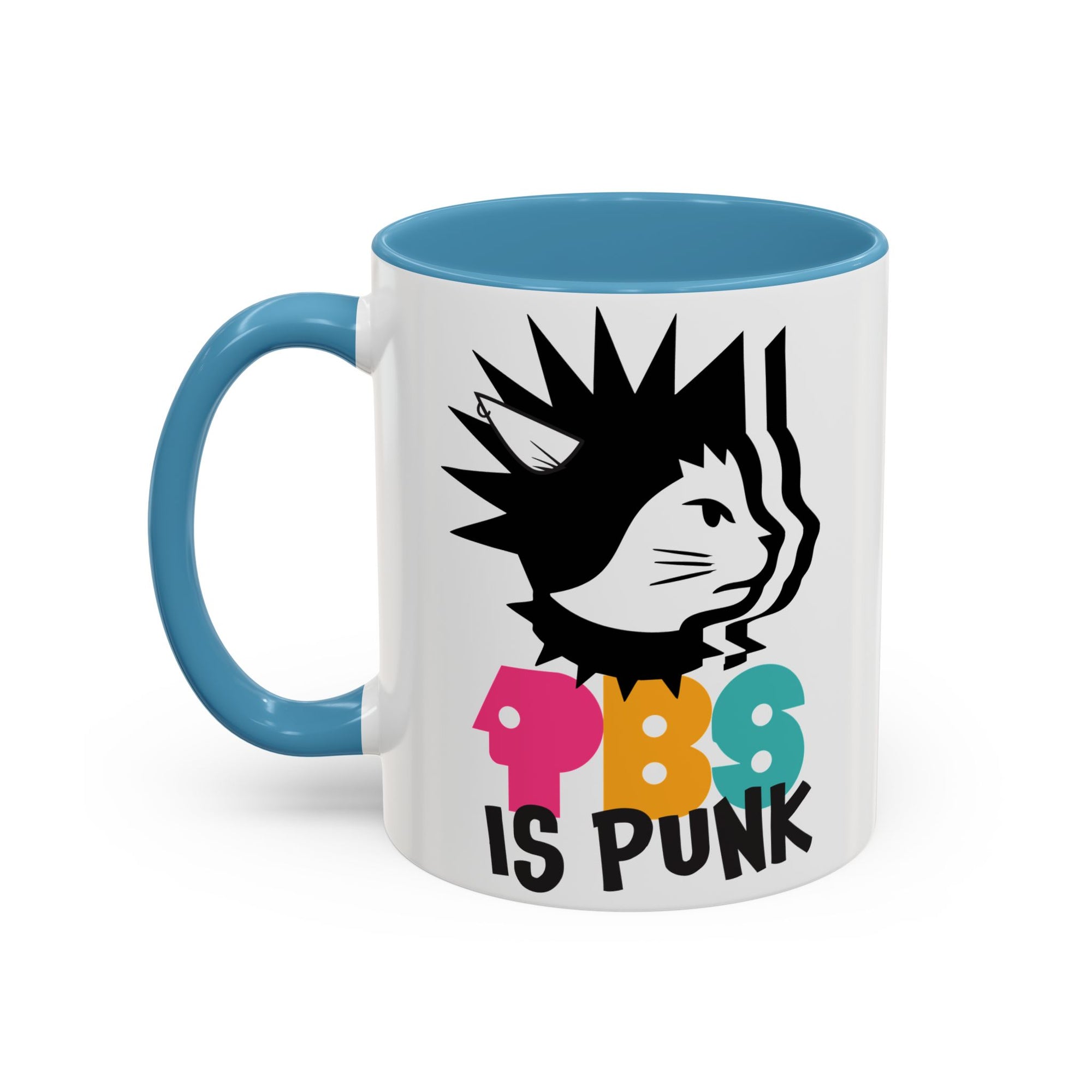 Mug with a design of a cat with spiky hair and colorful text on a white background