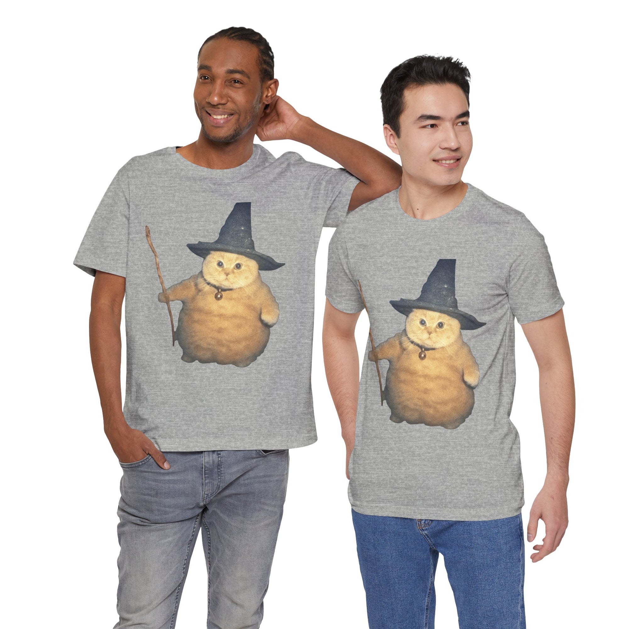 Two men wearing gray t-shirts with a cartoon cat in a witch hat design.