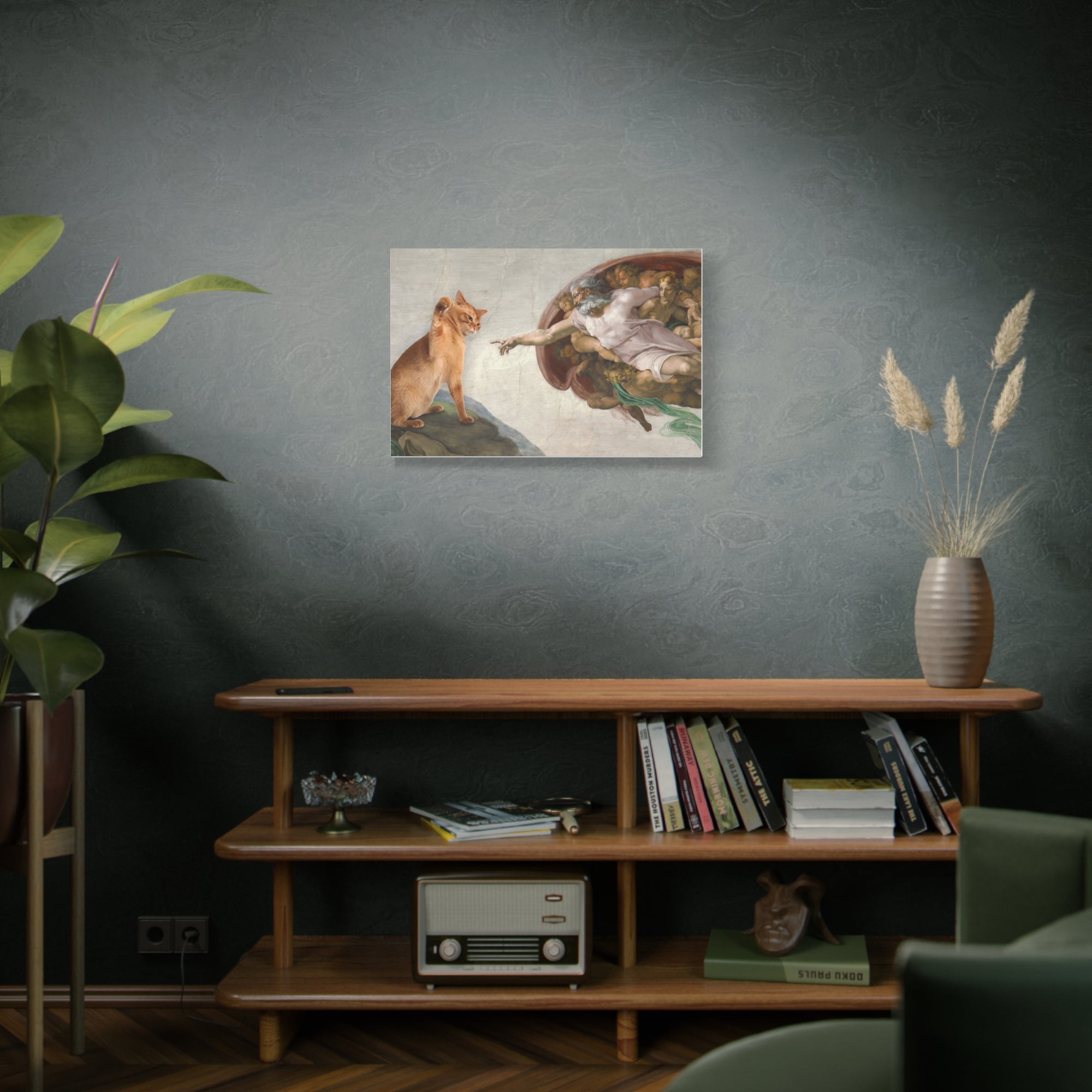 Living room with a wooden shelf, books, a plant, and a painting on the wall.