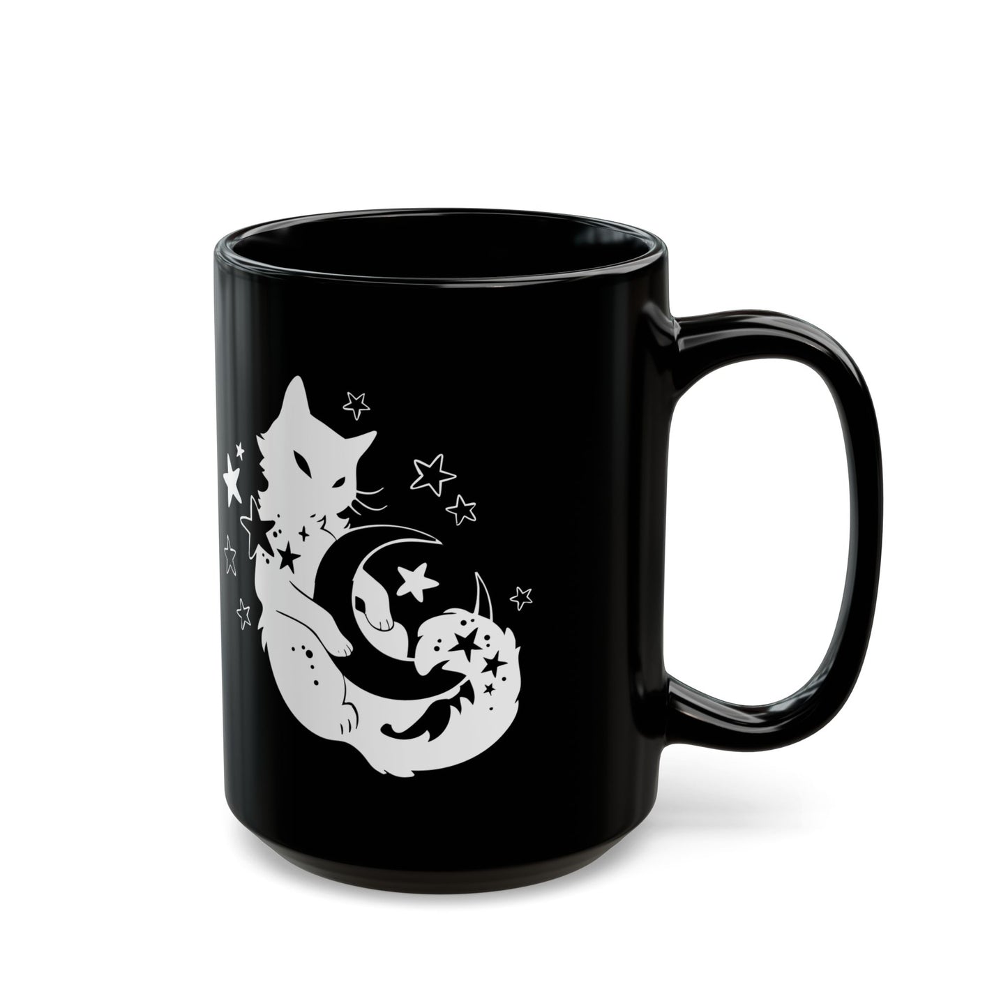 Black mug with a white cat and moon design on a white background