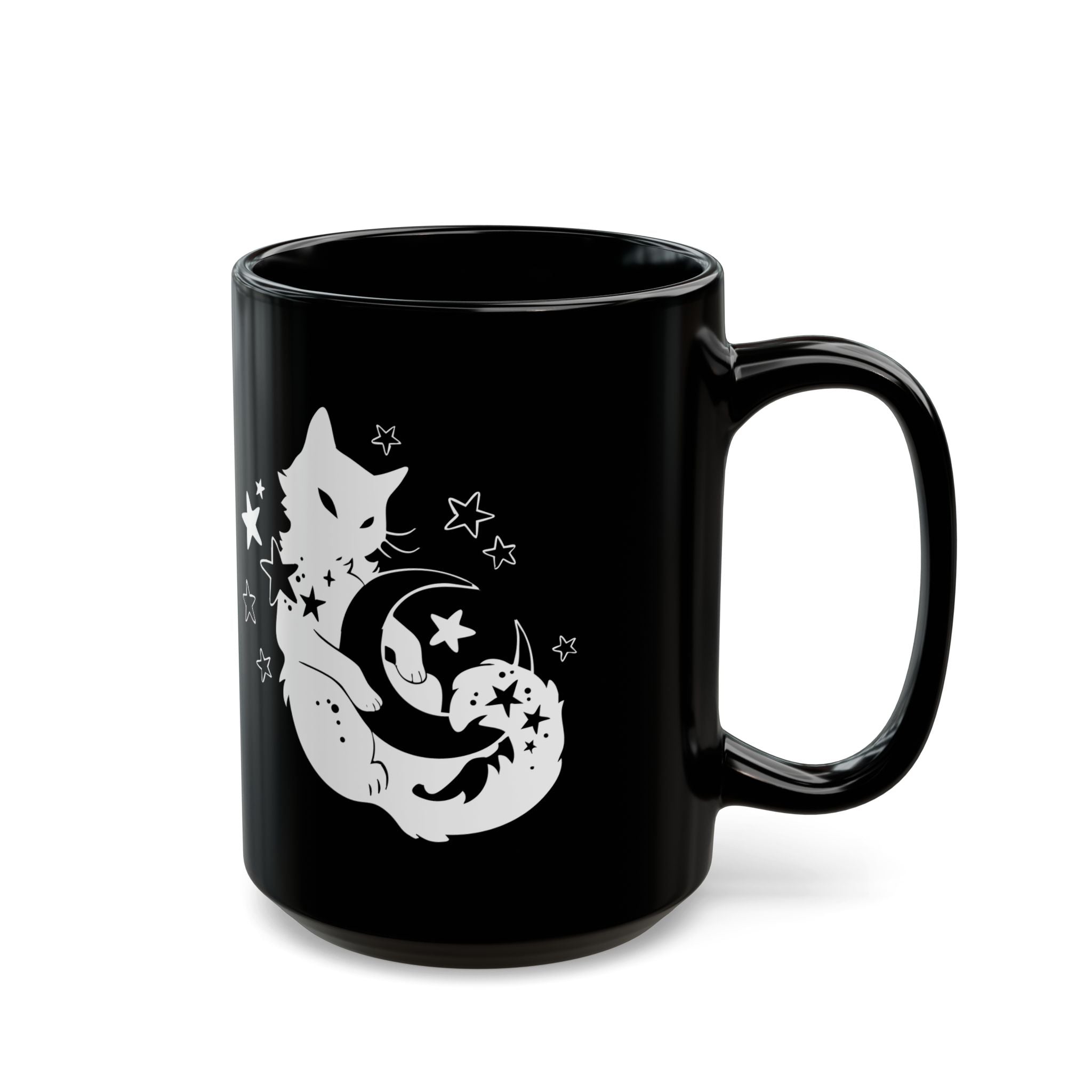 Black mug with a white cat and moon design on a white background