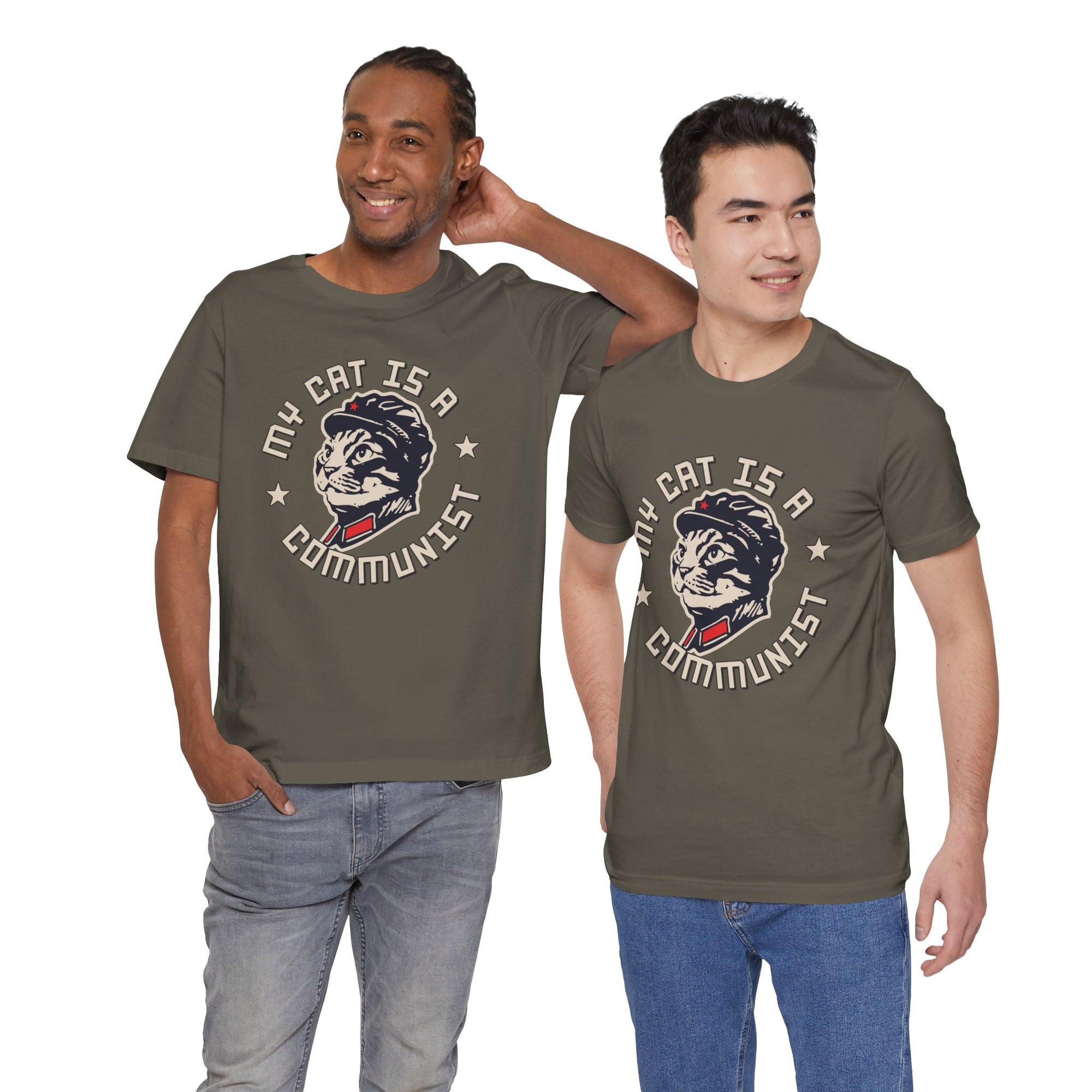 Two men wearing t-shirts with a graphic design of a cat and text on a white background