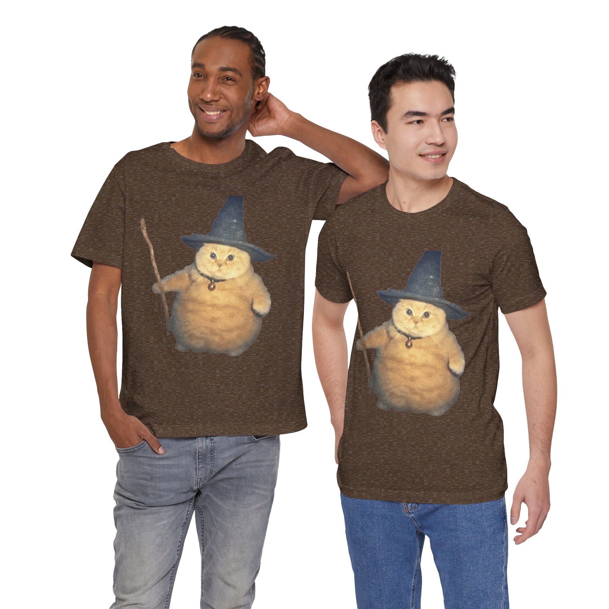 Two men wearing brown t-shirts with a cartoon cat wearing a witch hat and holding a broomstick.