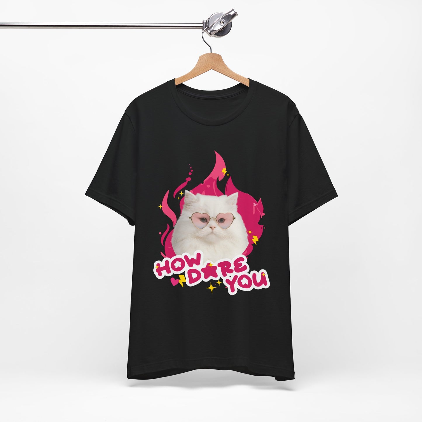 Black t-shirt with a cat graphic and text 'How dare you' on a hanger against a white background