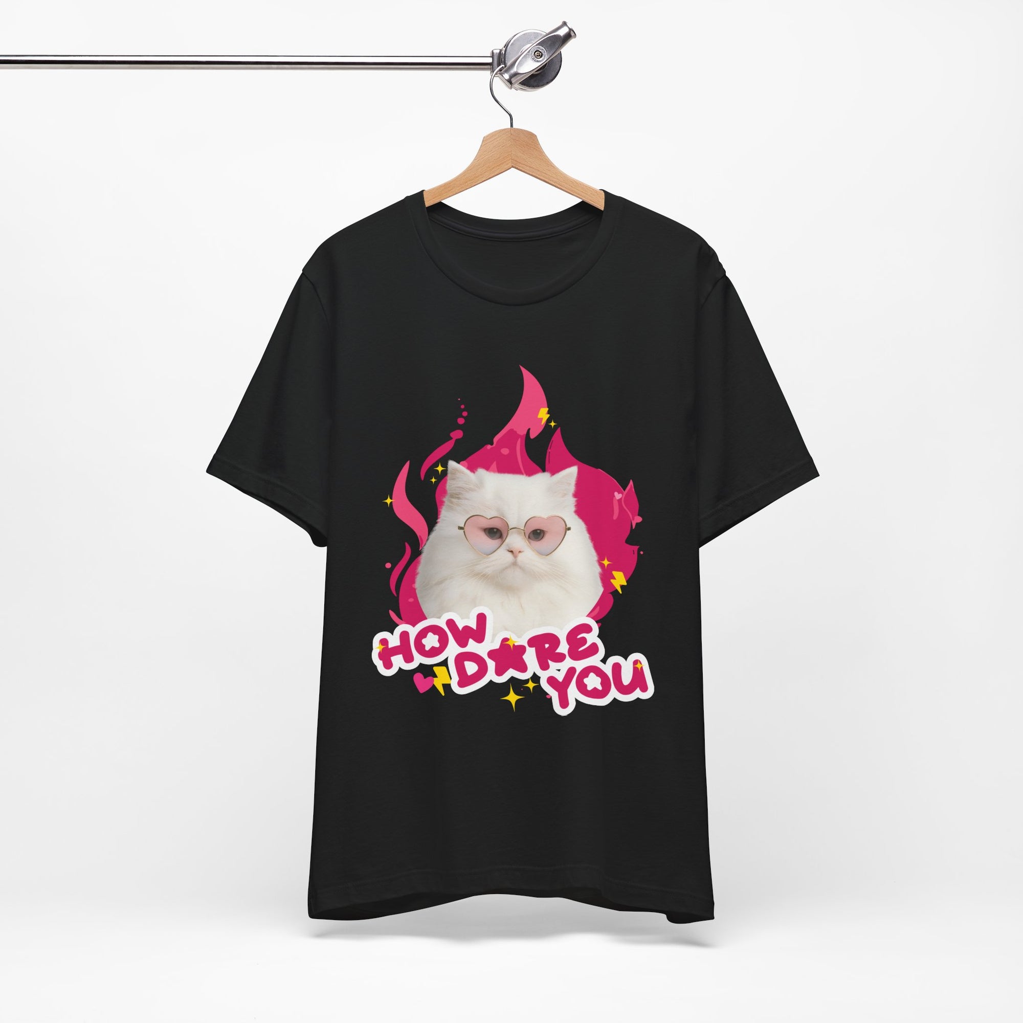 Black t-shirt with a cat graphic and text 'How dare you' on a hanger against a white background