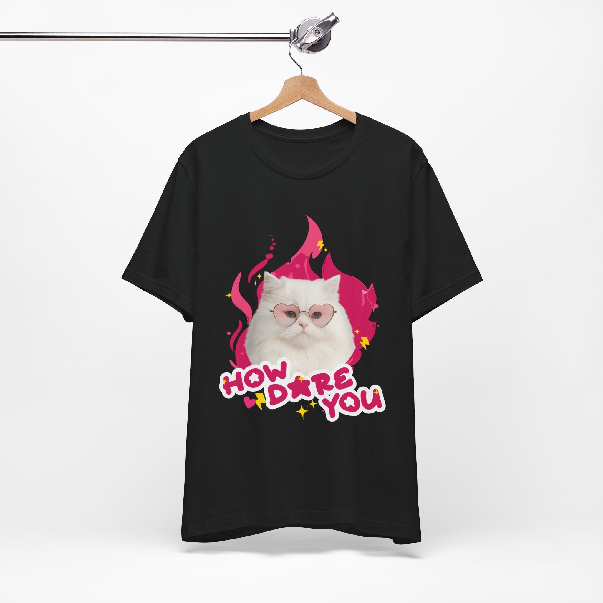 Black t-shirt with a cat graphic and text 'How dare you' on a hanger against a white background