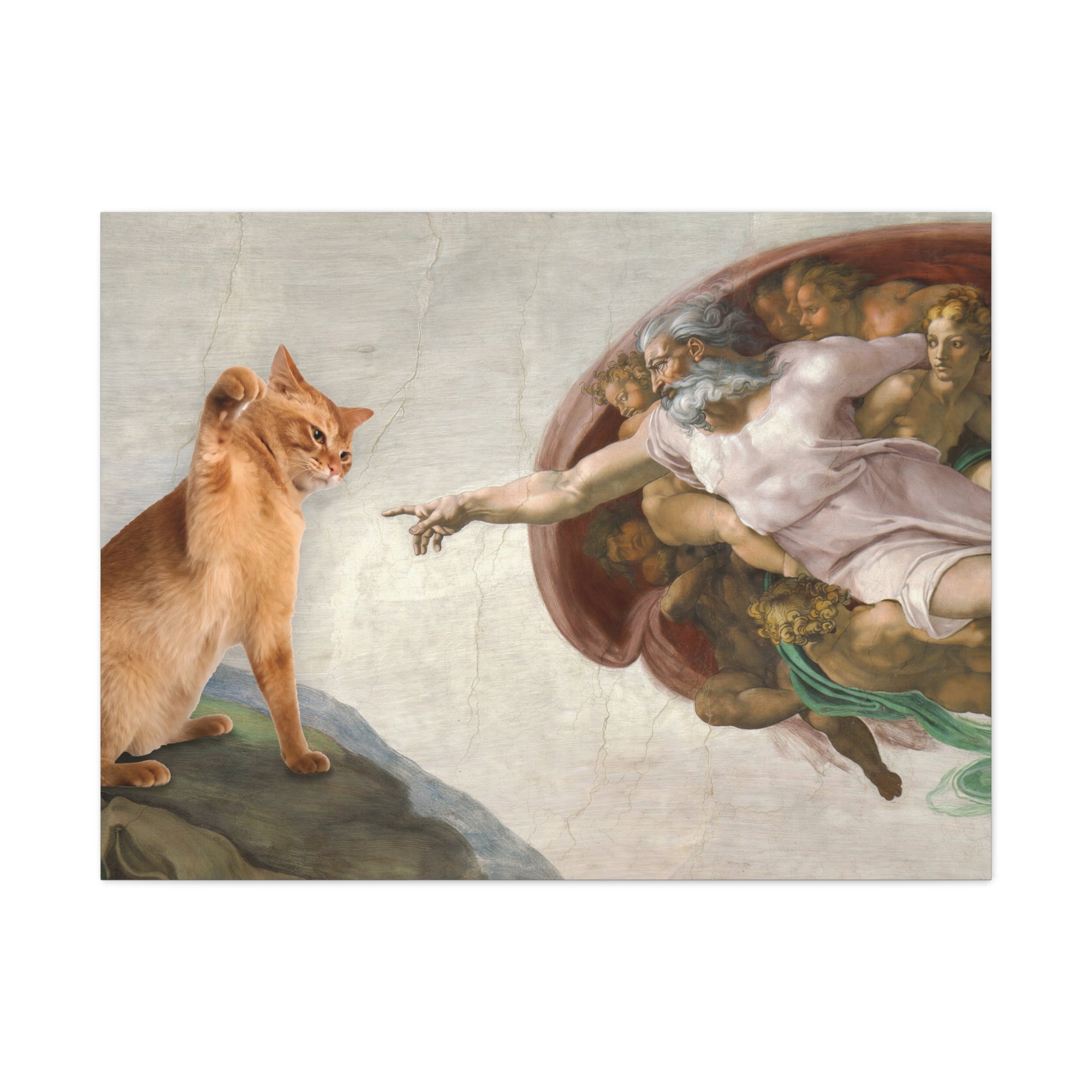 Mural-style painting with a cat interacting with classical figures