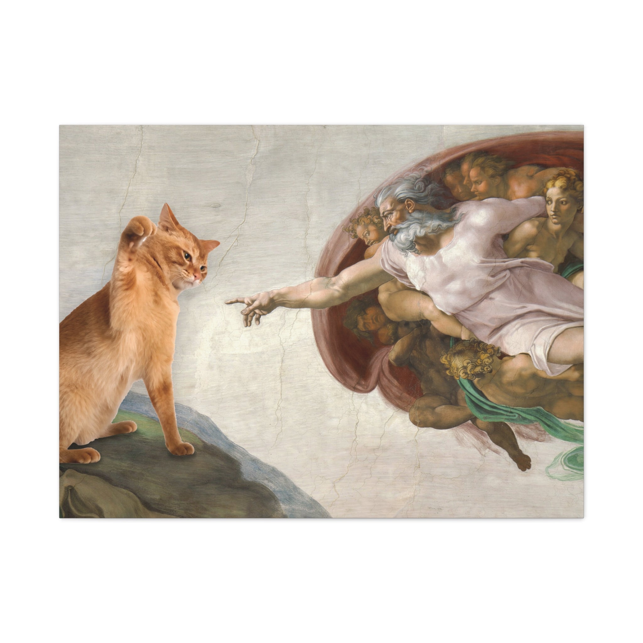 Mural-style painting with a cat interacting with classical figures