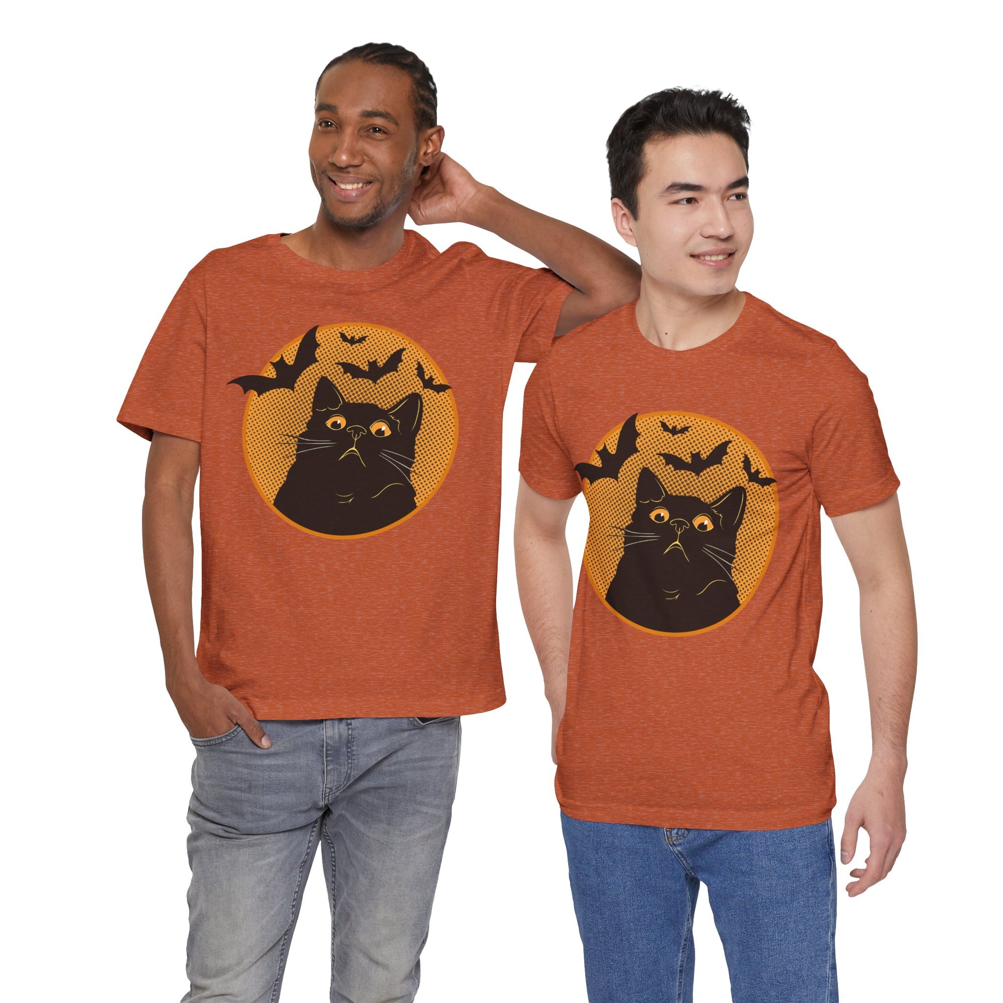 Two men wearing Halloween-themed t-shirts with a black cat and bats design.