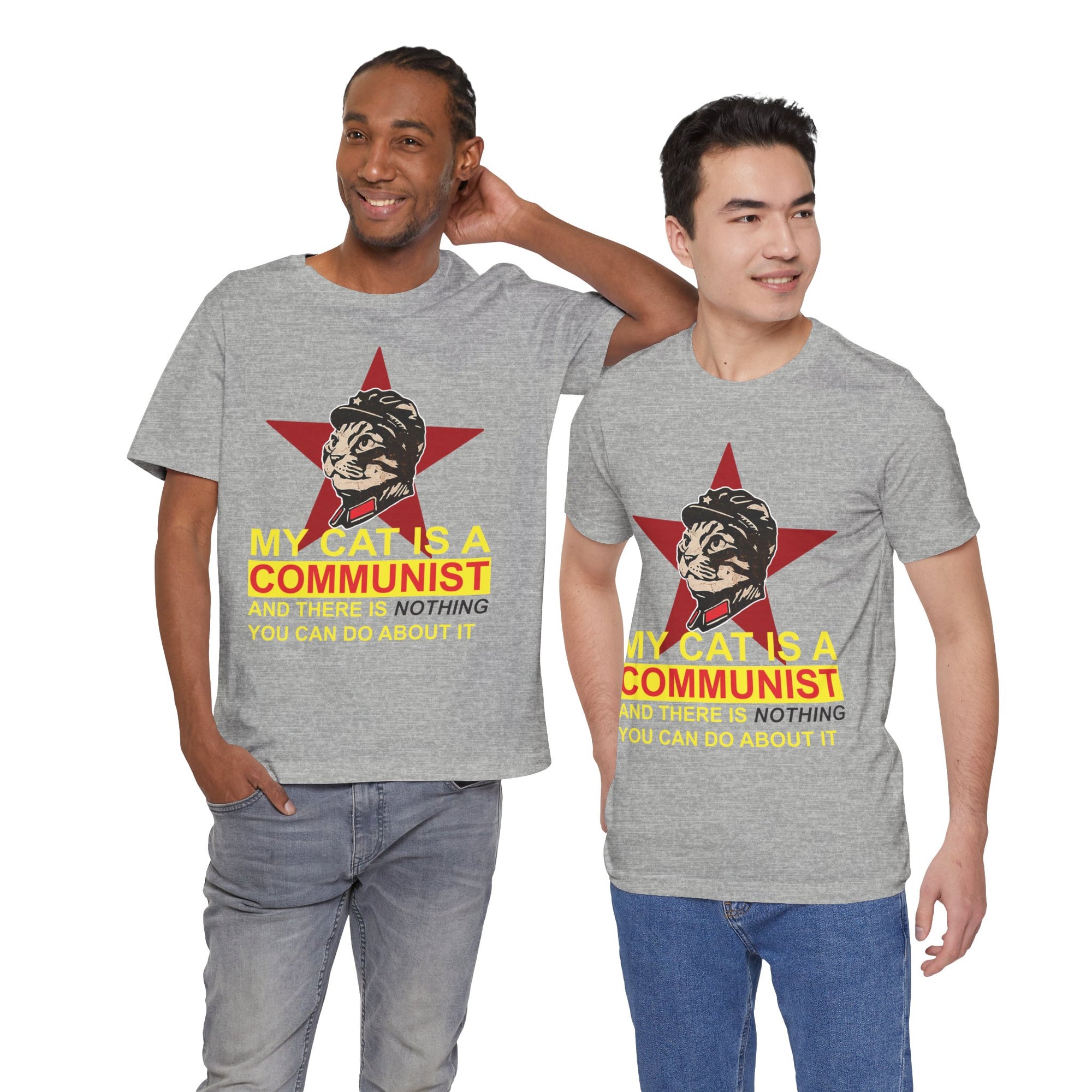 Two men wearing gray t-shirts with a graphic of a cat in a helmet and star, with text.