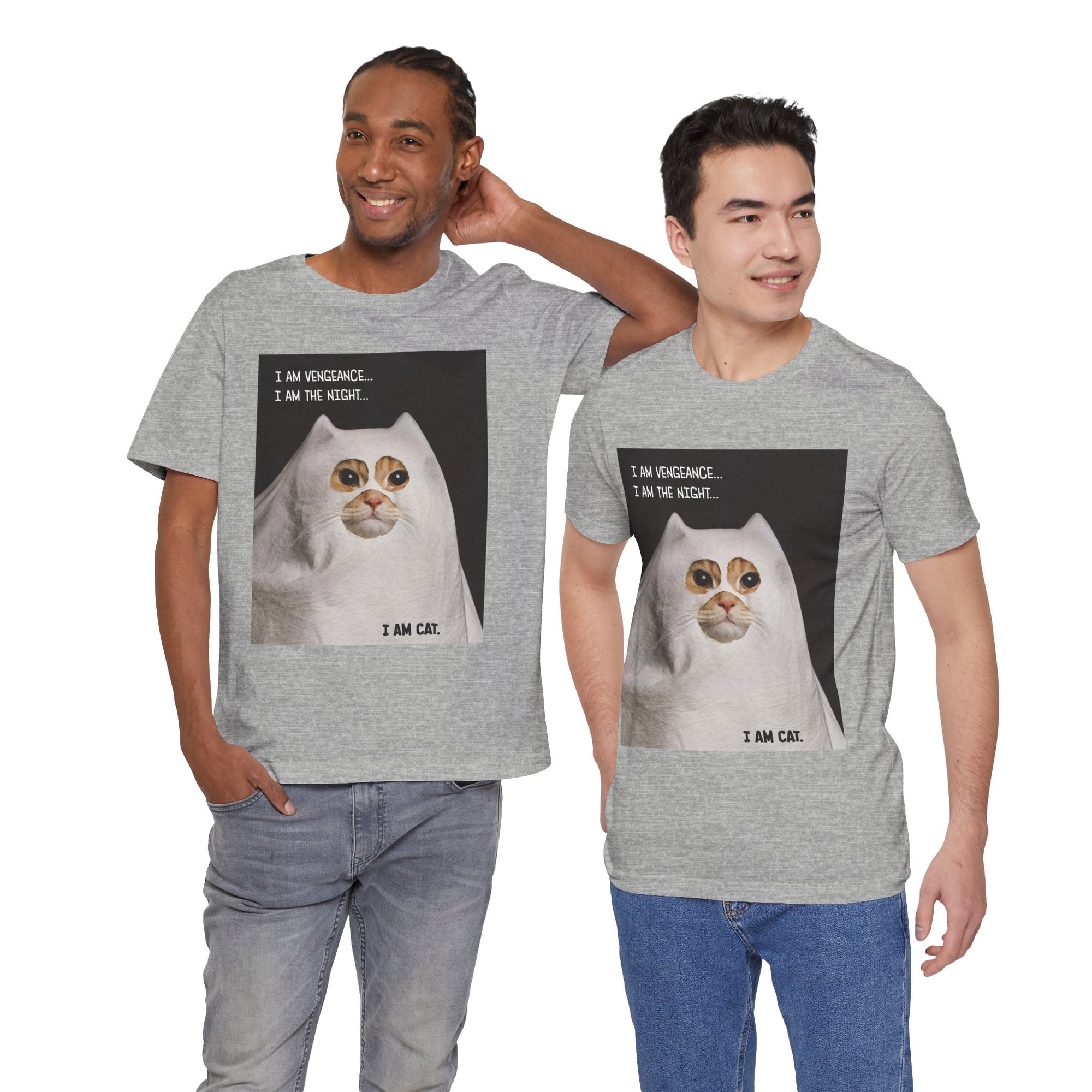 Two men wearing gray t-shirts with a cat graphic and text.