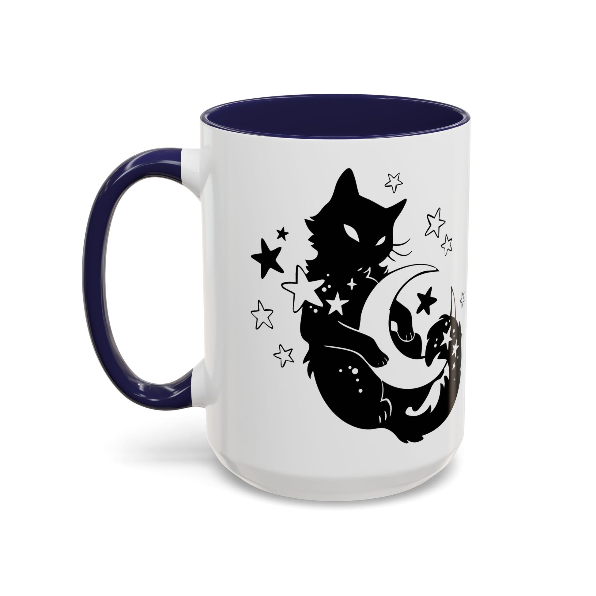 White mug with black cat and moon design on a white background