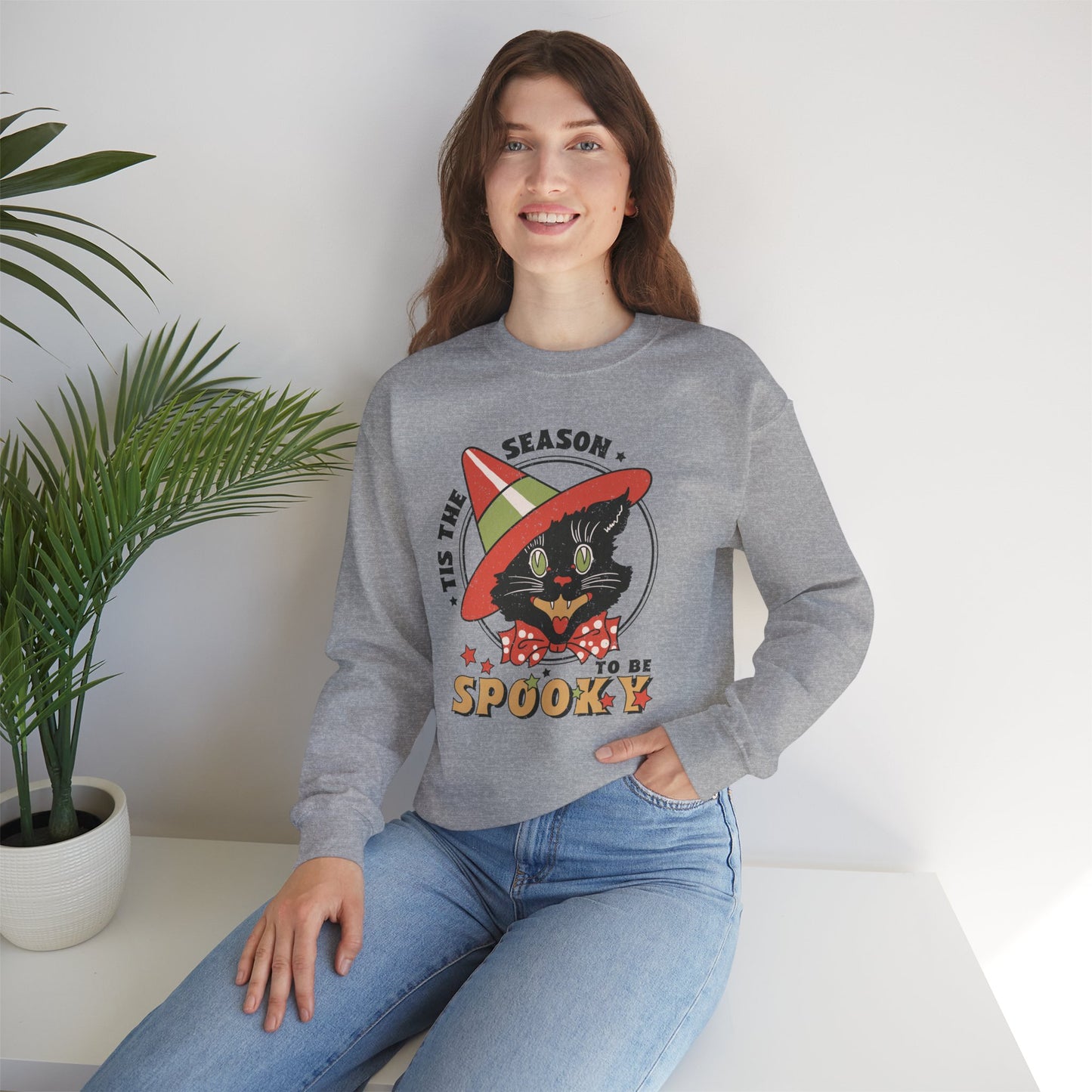Halloween Cat Spooky Season Vintage Distressed Style Unisex Heavy Blend™ Crewneck Sweatshirt