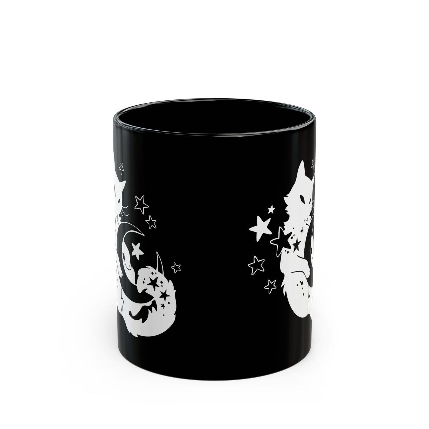 Black mug with white cat and star designs on a white background