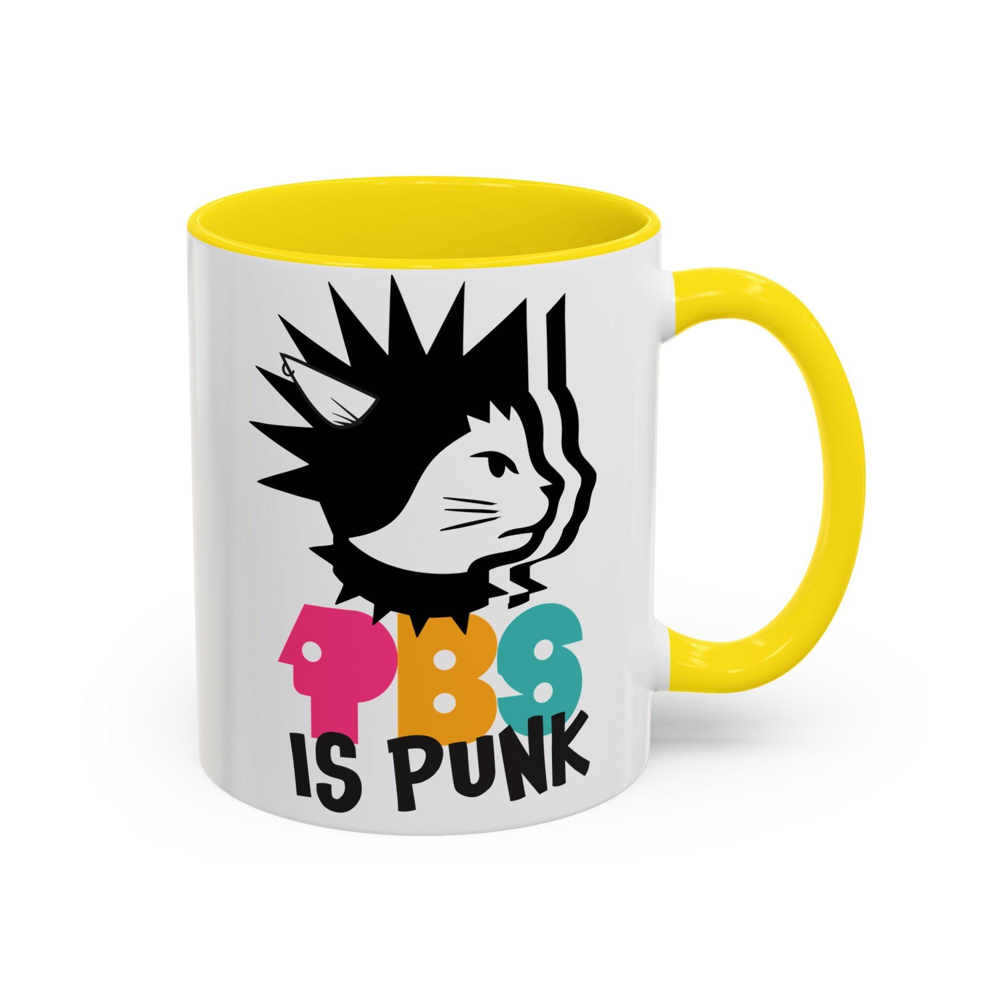 Mug with a graphic design of a cat with spiky hair and colorful text on a white background