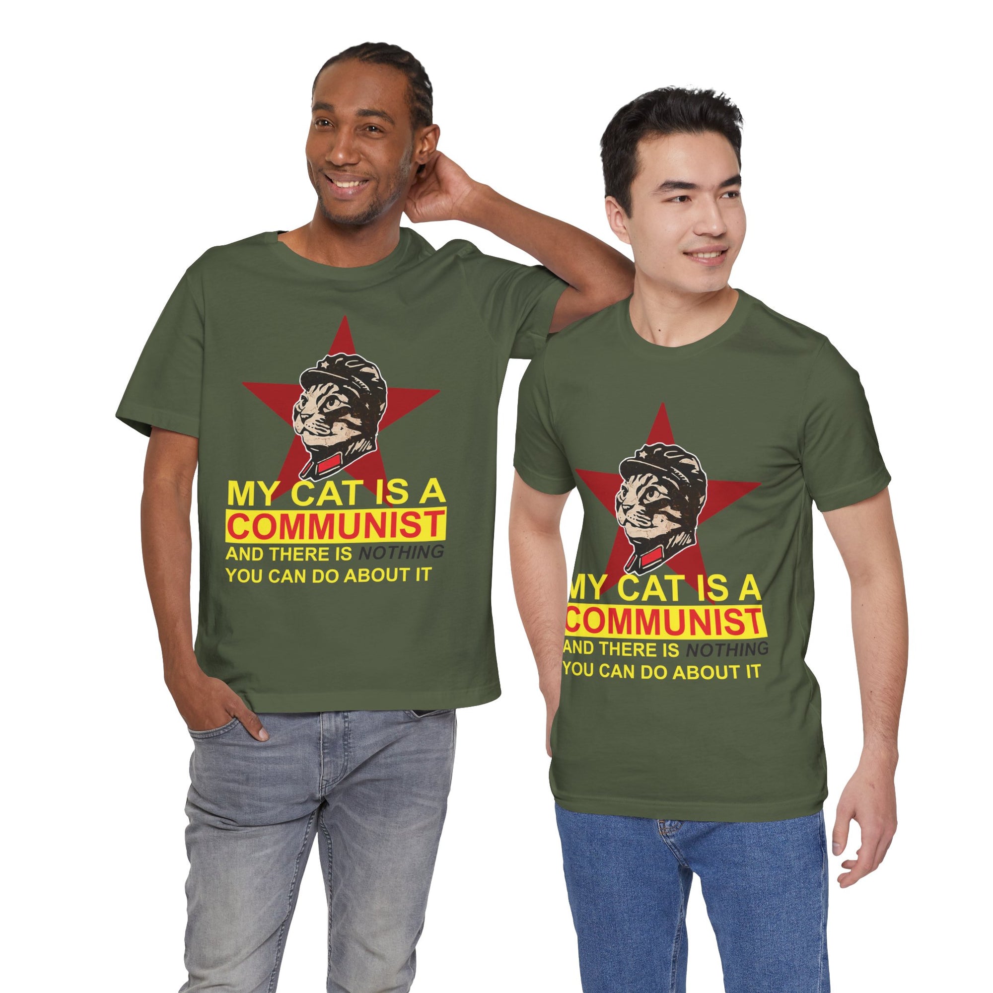 Two people wearing green t-shirts with a cat graphic and text.