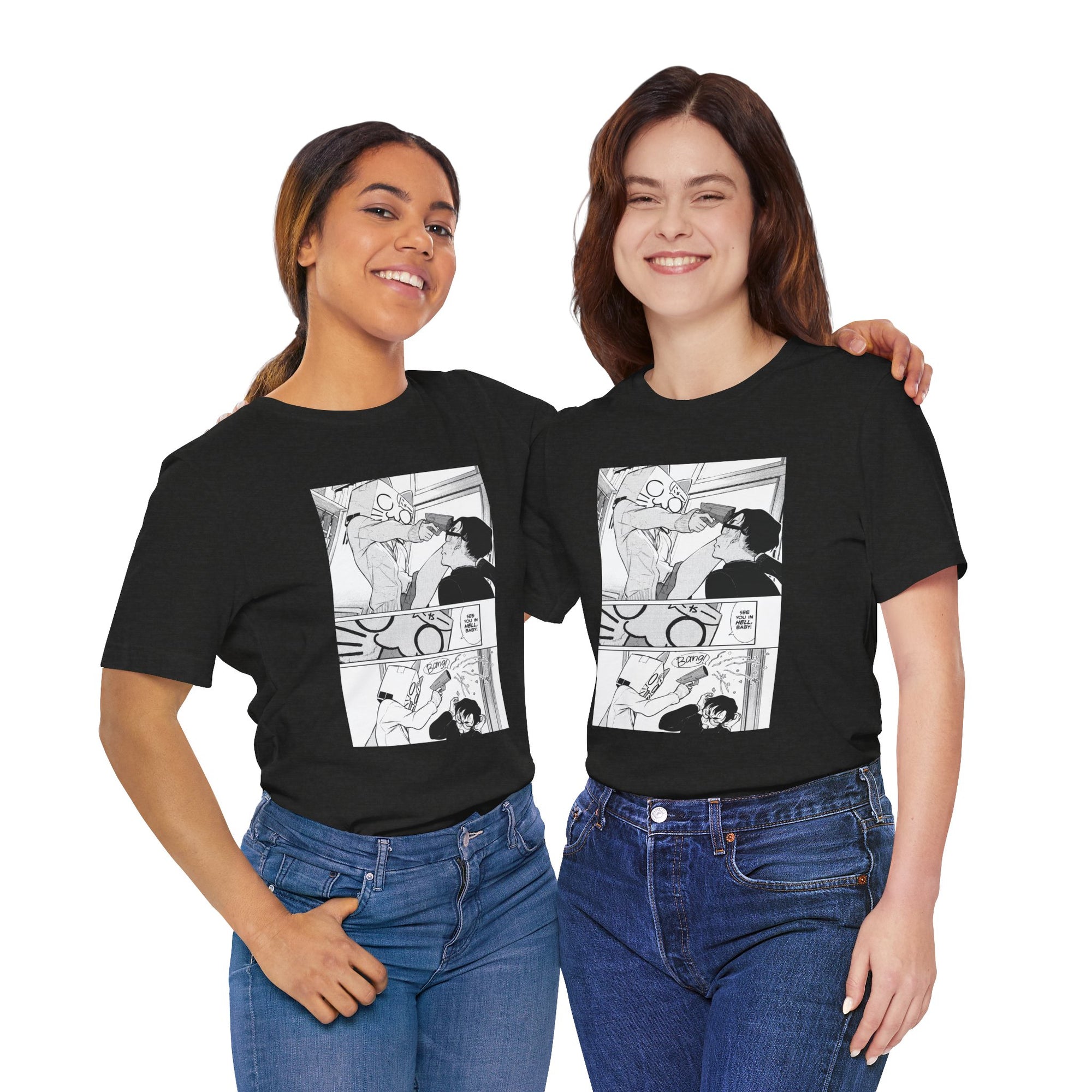 Two people wearing black t-shirts with a comic-style graphic design on a white background