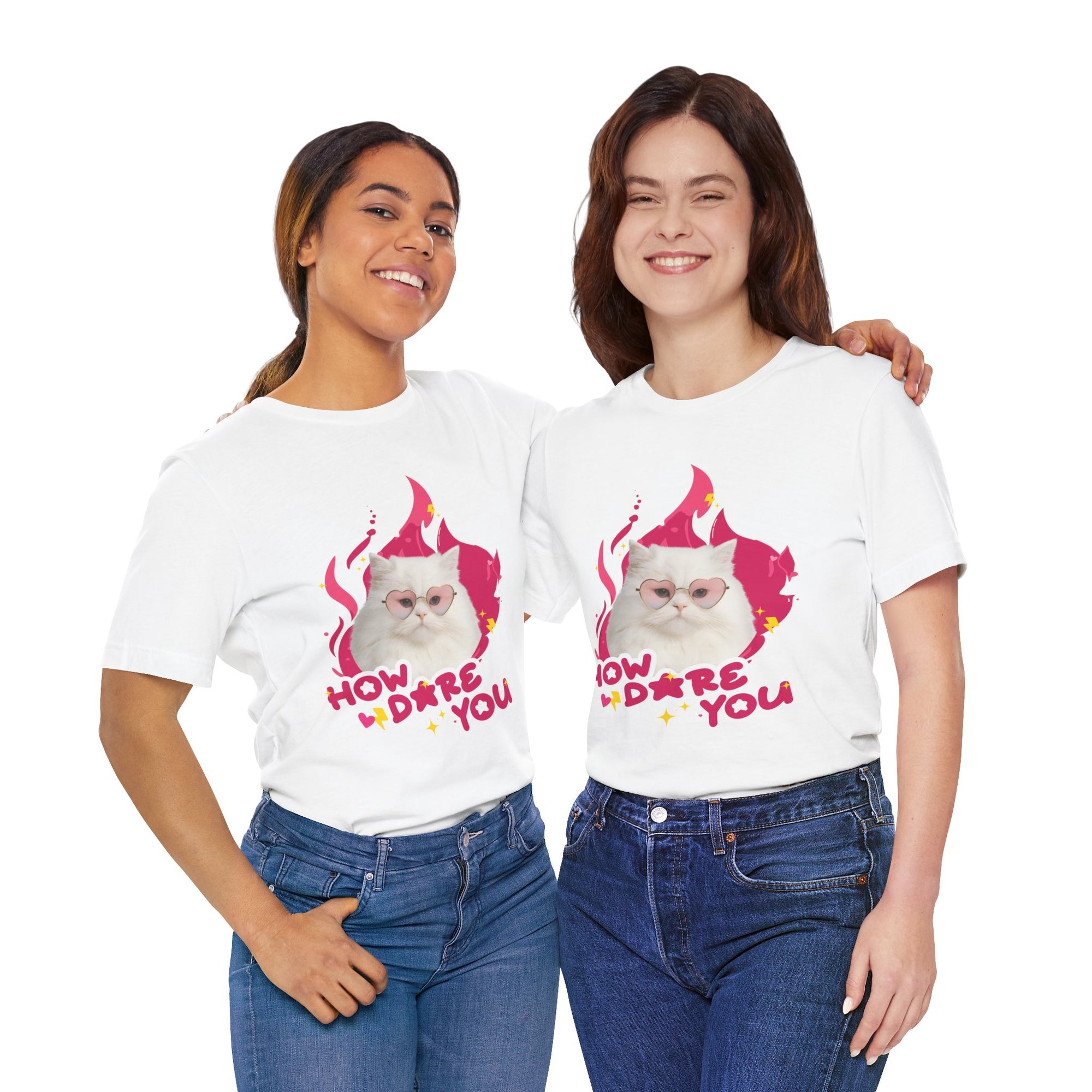 Two people wearing white t-shirts with a cat graphic and text on a white background