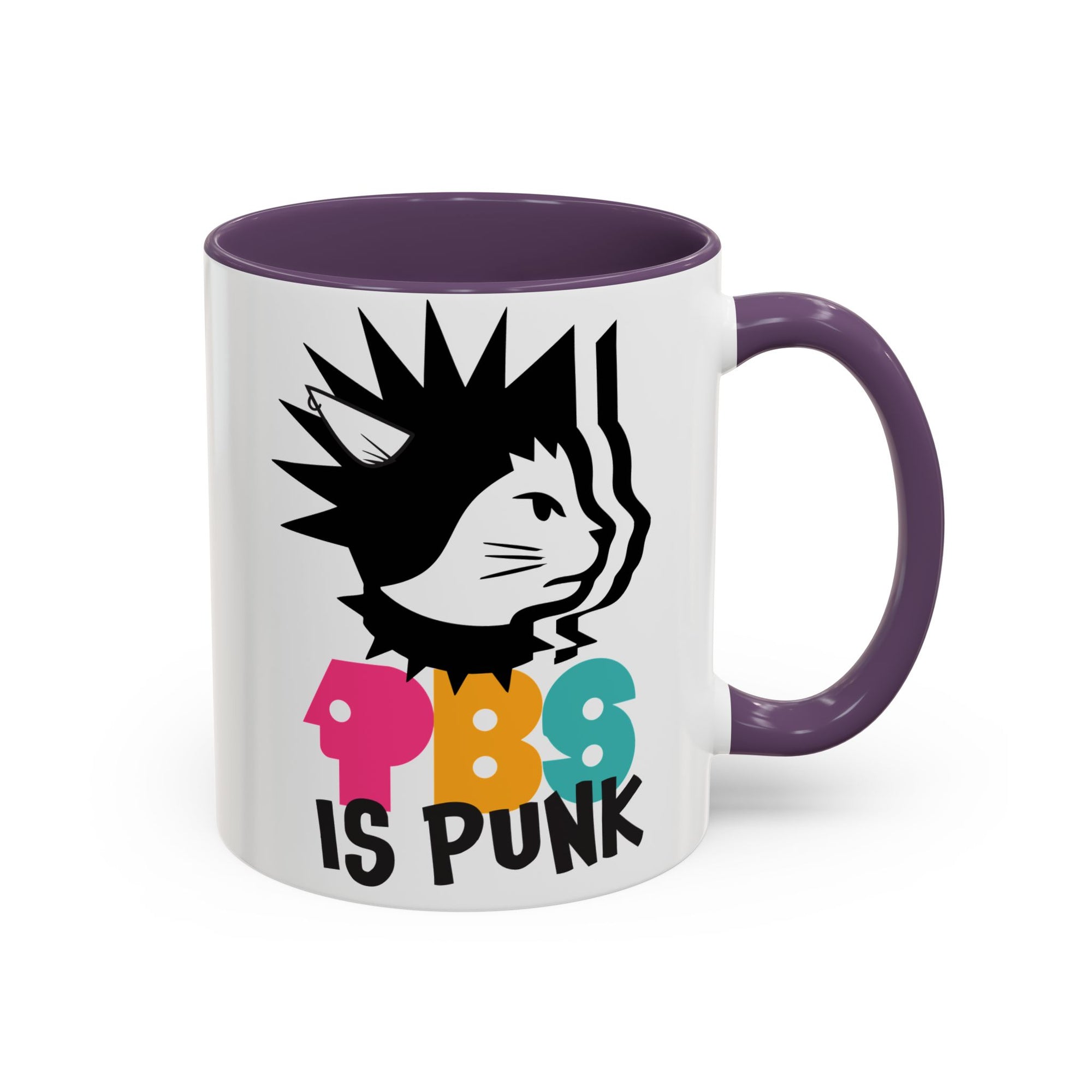 Mug with a graphic design of a cat with spiky hair and colorful text on a white background