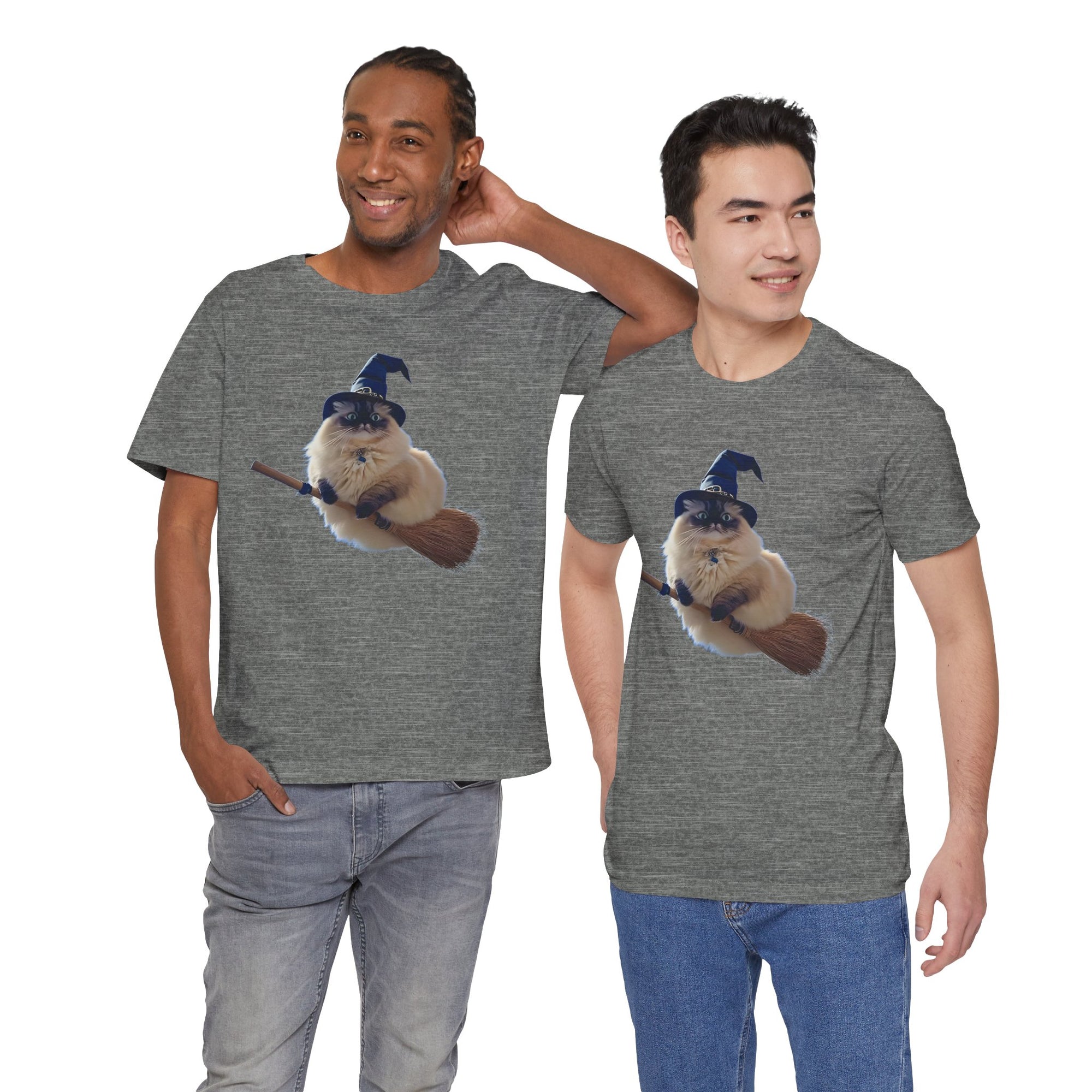 Two men wearing gray t-shirts with a graphic of a cat wearing a witch hat and holding a broomstick.