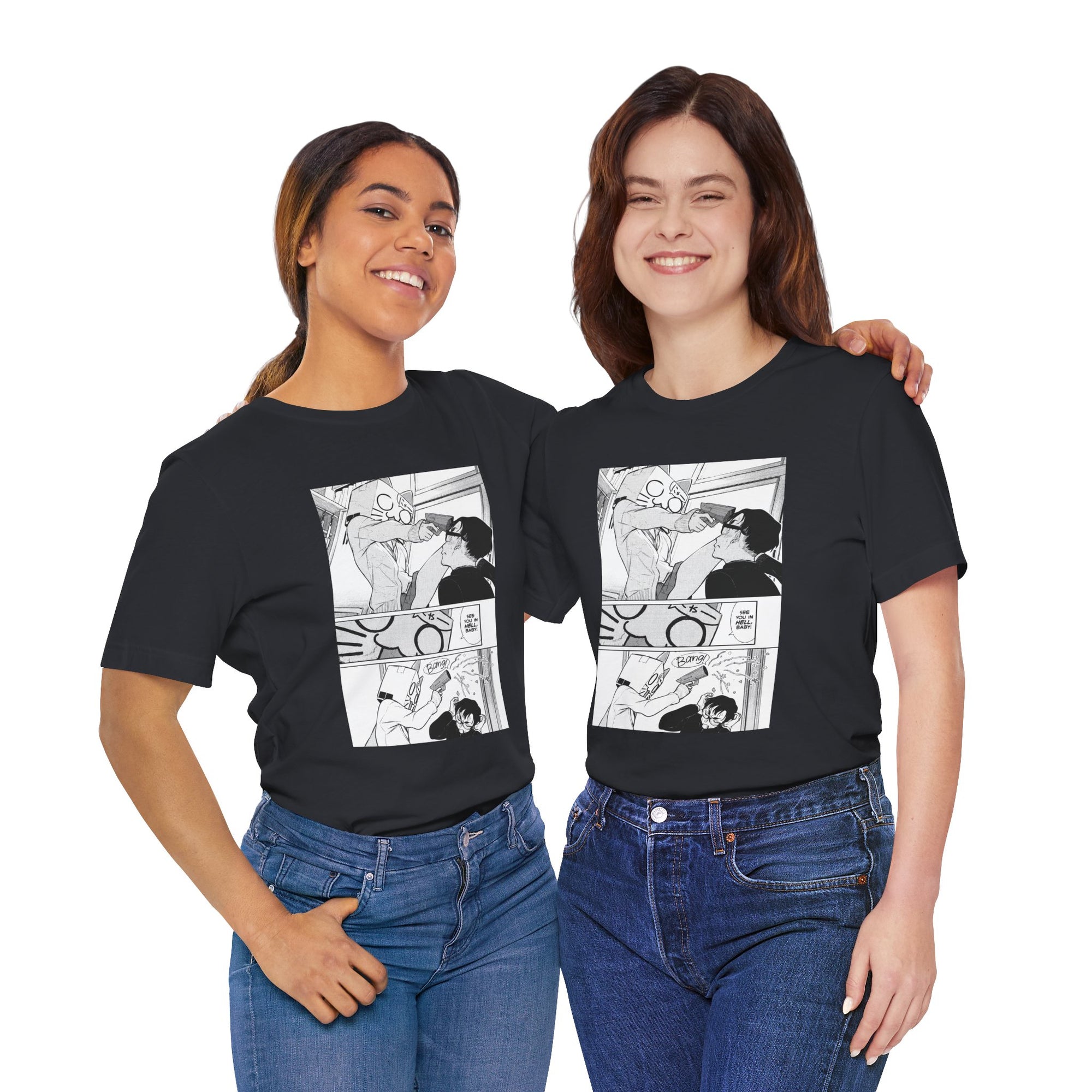 Two people wearing black t-shirts with a comic-style graphic design on a white background