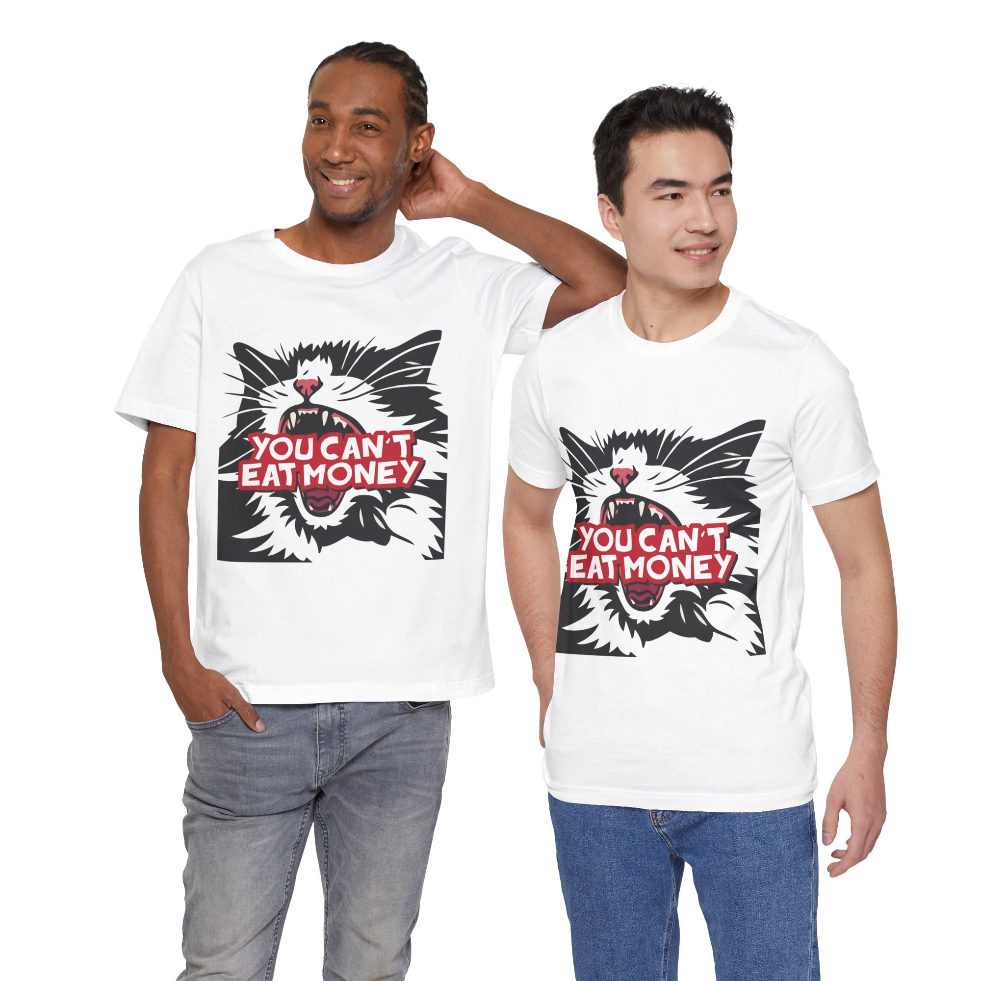 Two men wearing white t-shirts with a graphic of a cat and text on a white background