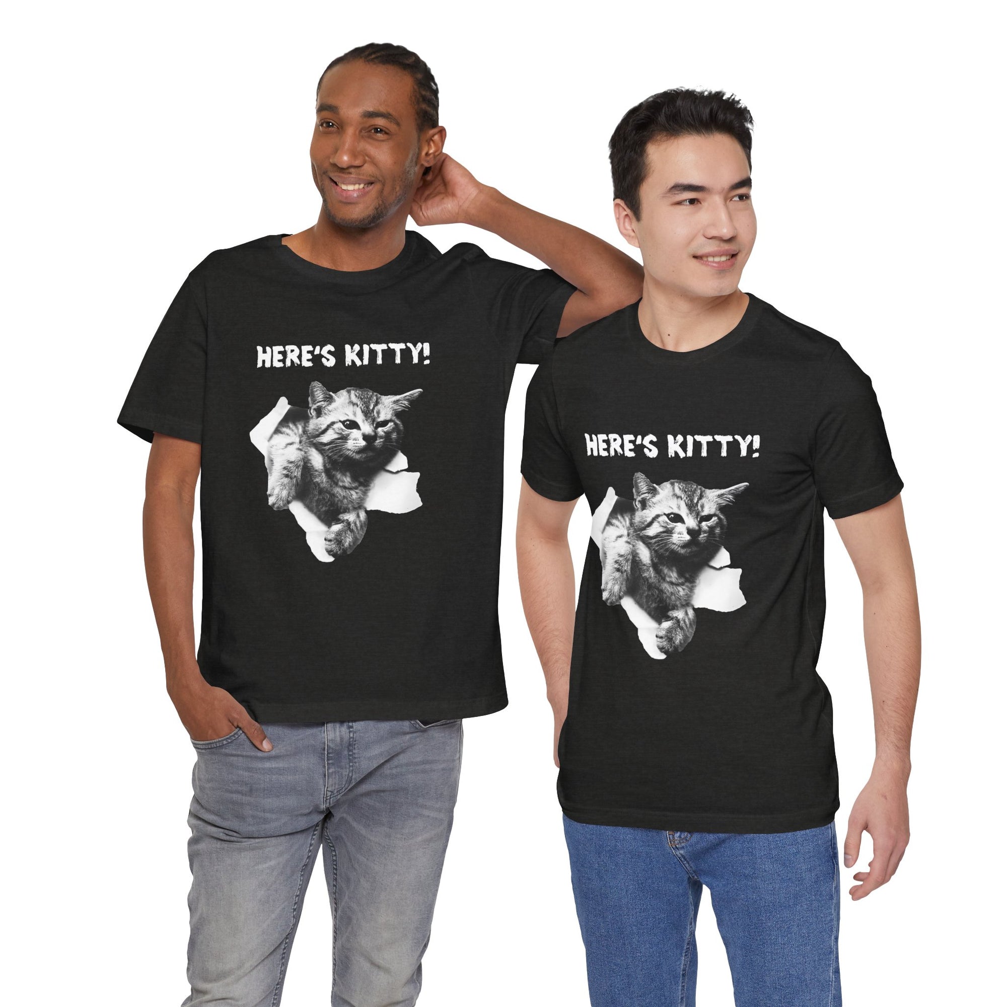 Two men wearing black t-shirts with a cat graphic and 'Here's Kitty!' text.